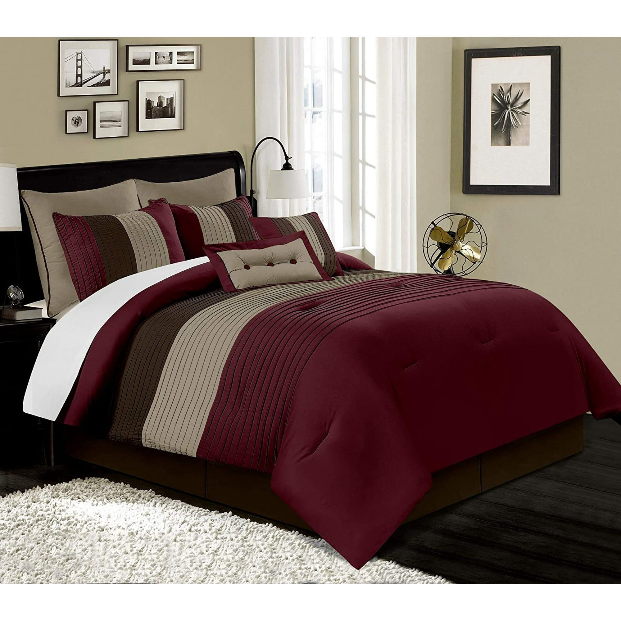 King Burgundy Microfiber Comforter Set with Pleated Stripes