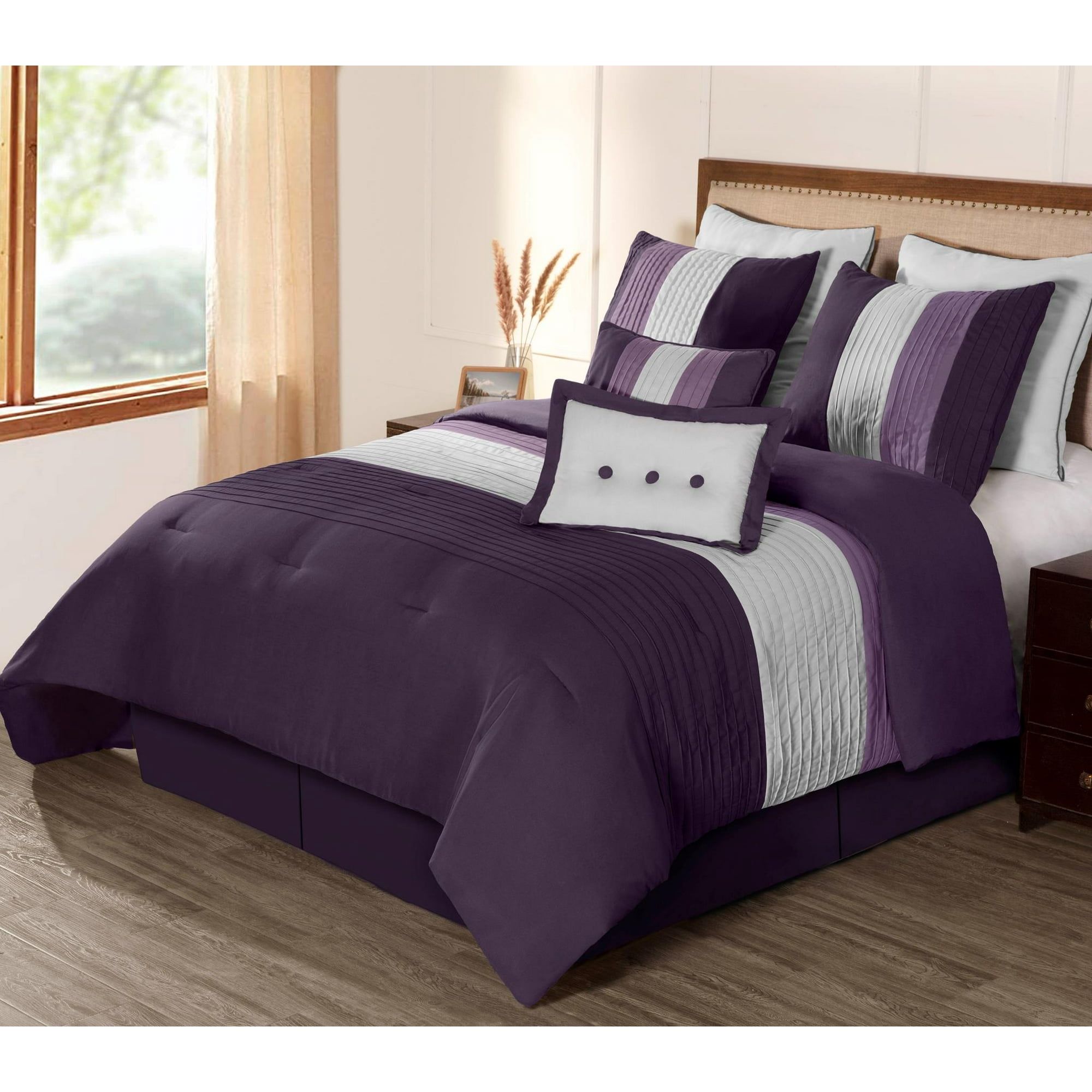 Queen Purple Microfiber 8-Piece Pleated Comforter Set