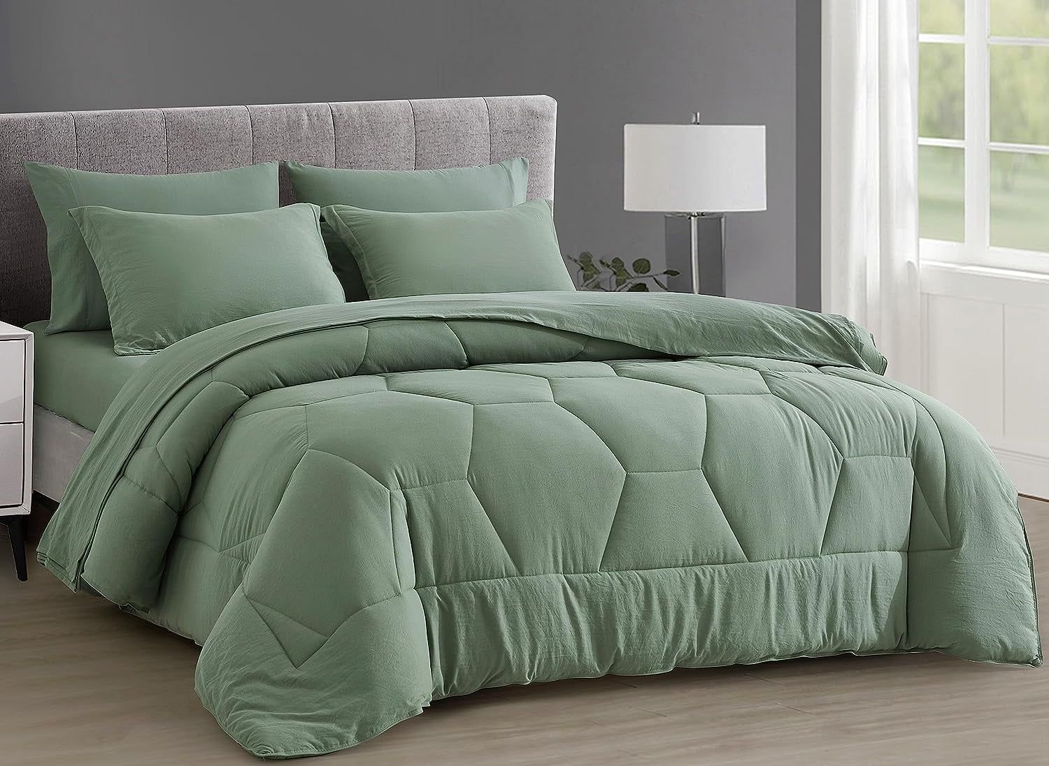 Sage Green Microfiber Full Bed-in-a-Bag Set with Hexagon Design