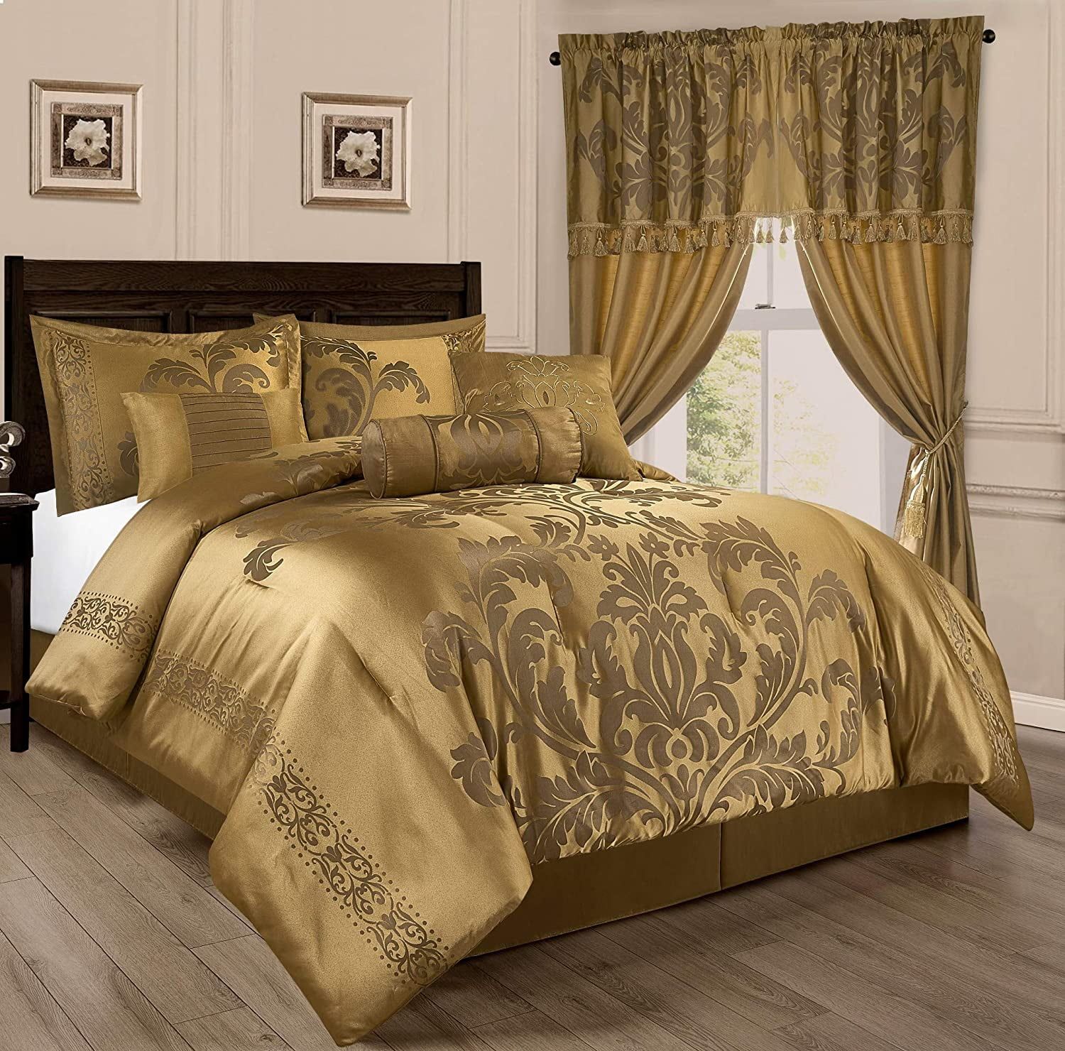 Gold Jacquard Floral Queen Comforter Set with Decorative Pillows