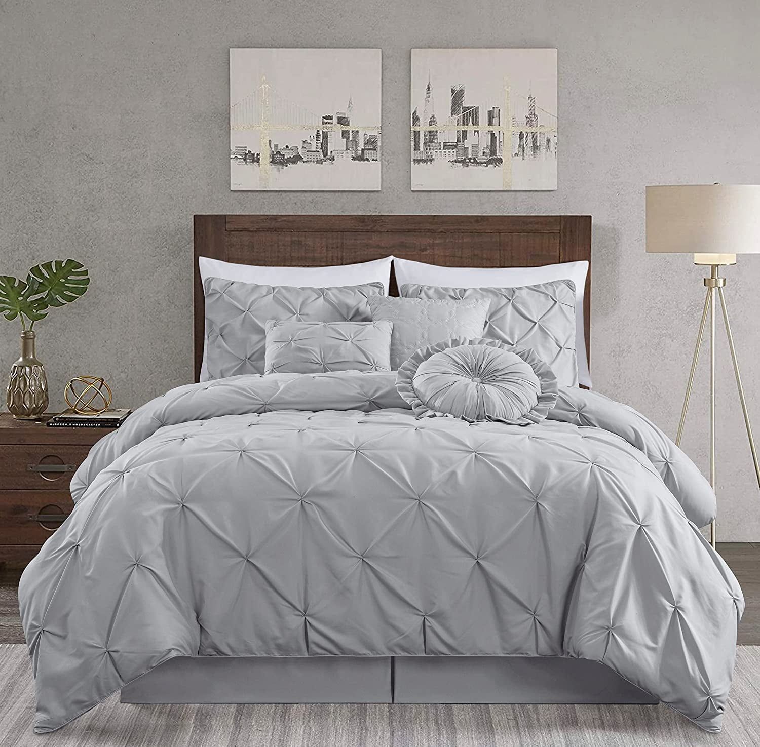 Light Gray Queen Microfiber 7-Piece Pintuck Comforter Set