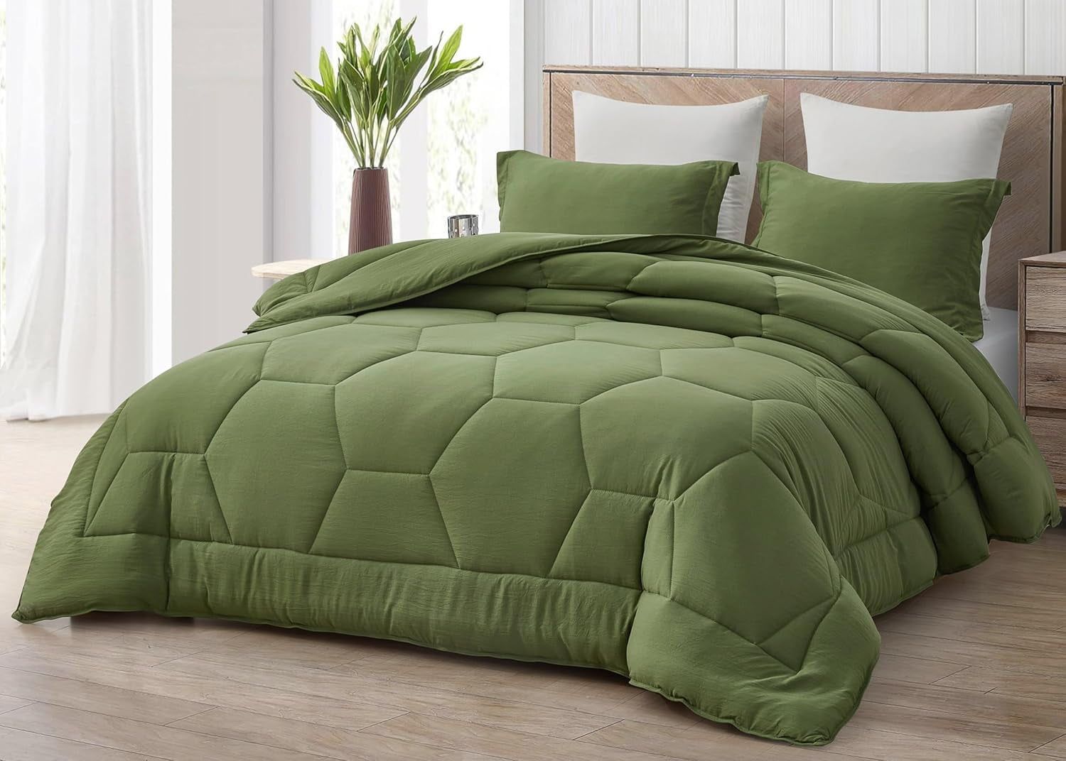 Olive Green Full Microfiber Honeycomb Comforter Set