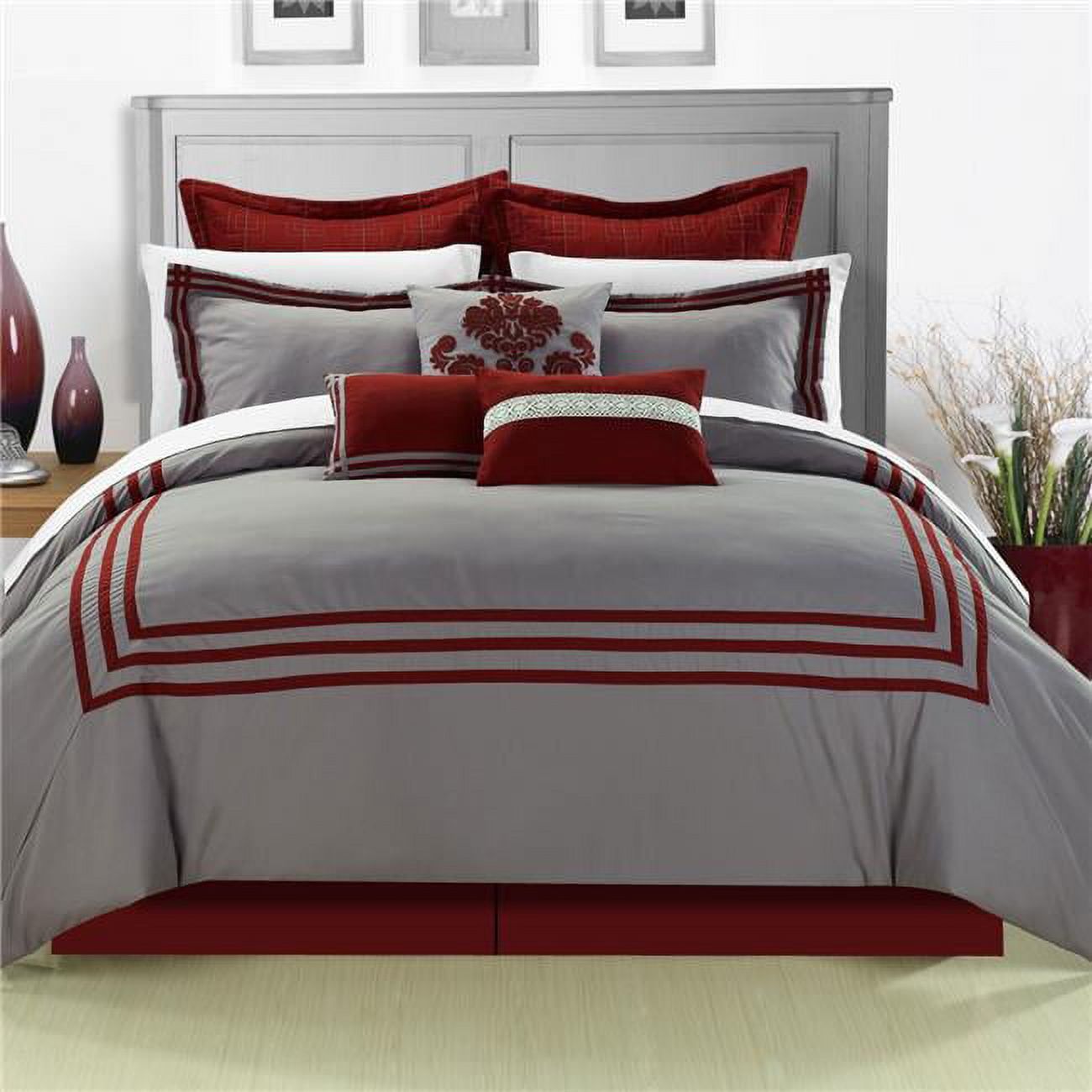 King Red and Silver Microfiber Down Alternative Comforter Set