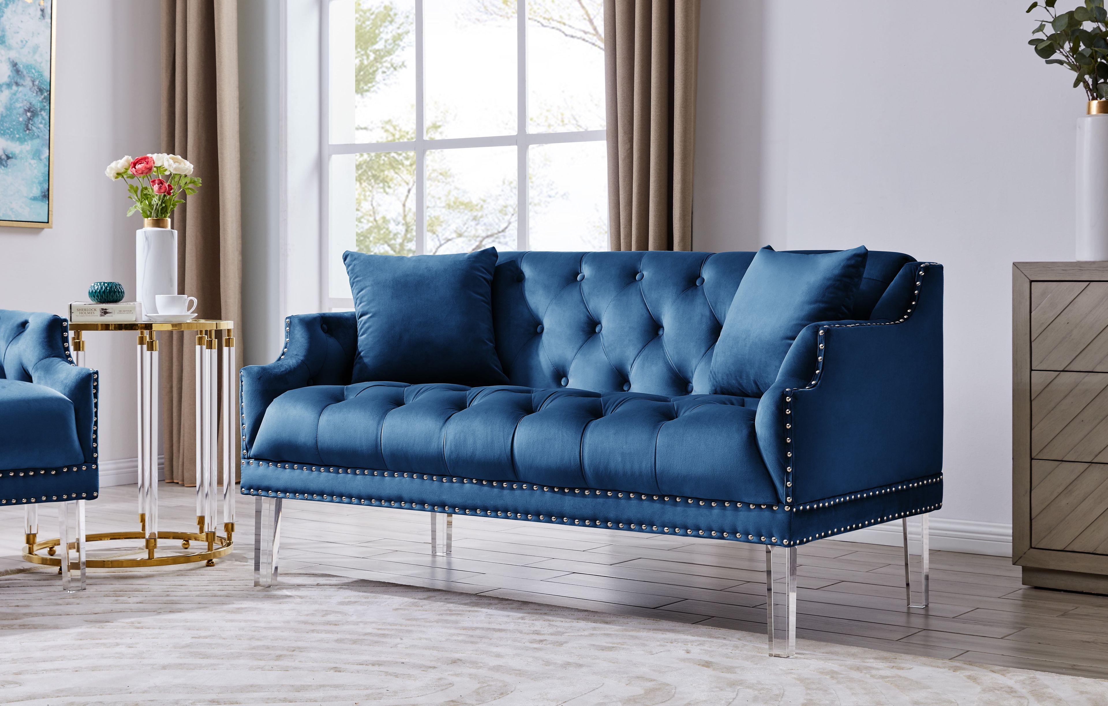 Eva Blue Velvet Tufted Loveseat with Acrylic Legs and Nailhead Details