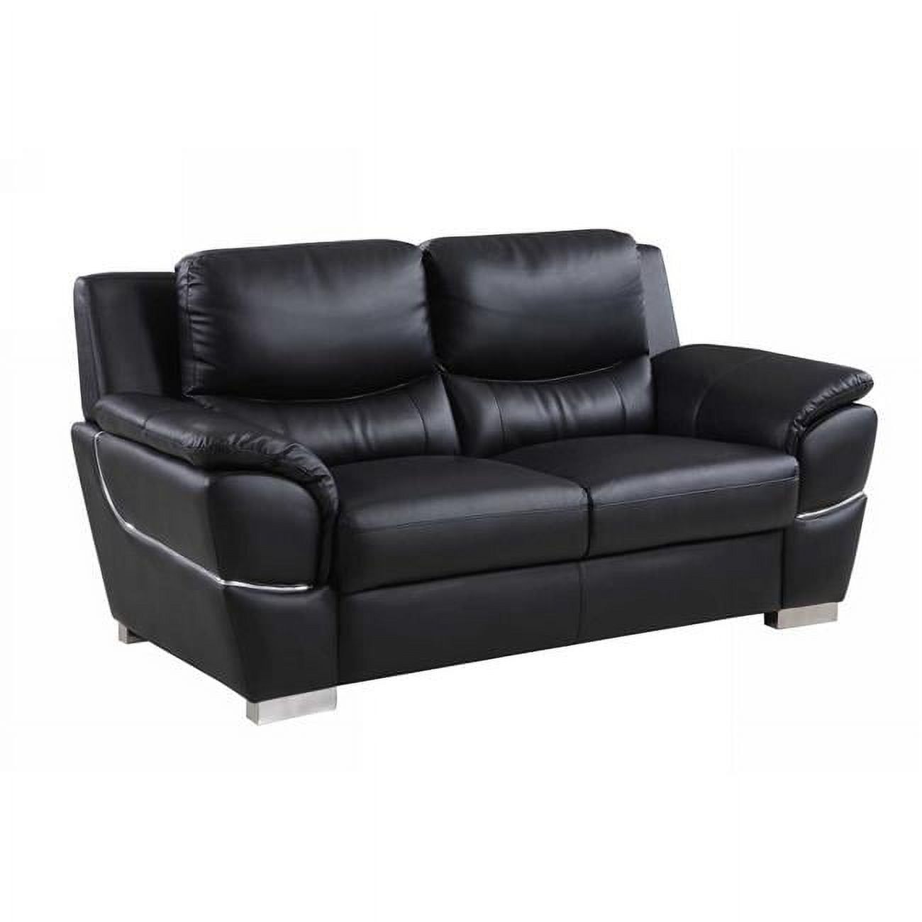 Modern Black Leather Pillow-Top Arm Loveseat with Wood Accents