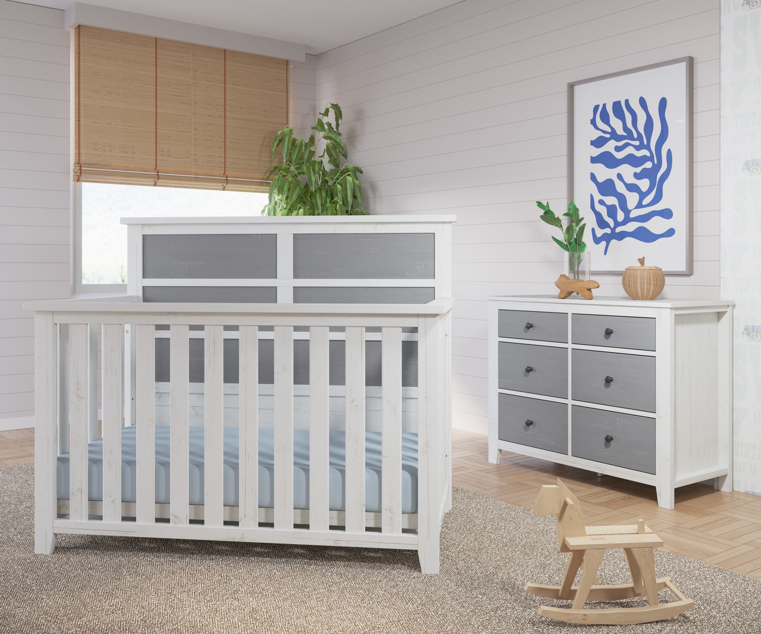 White and Gray Pine Coastal Nursery Crib and Dresser Set