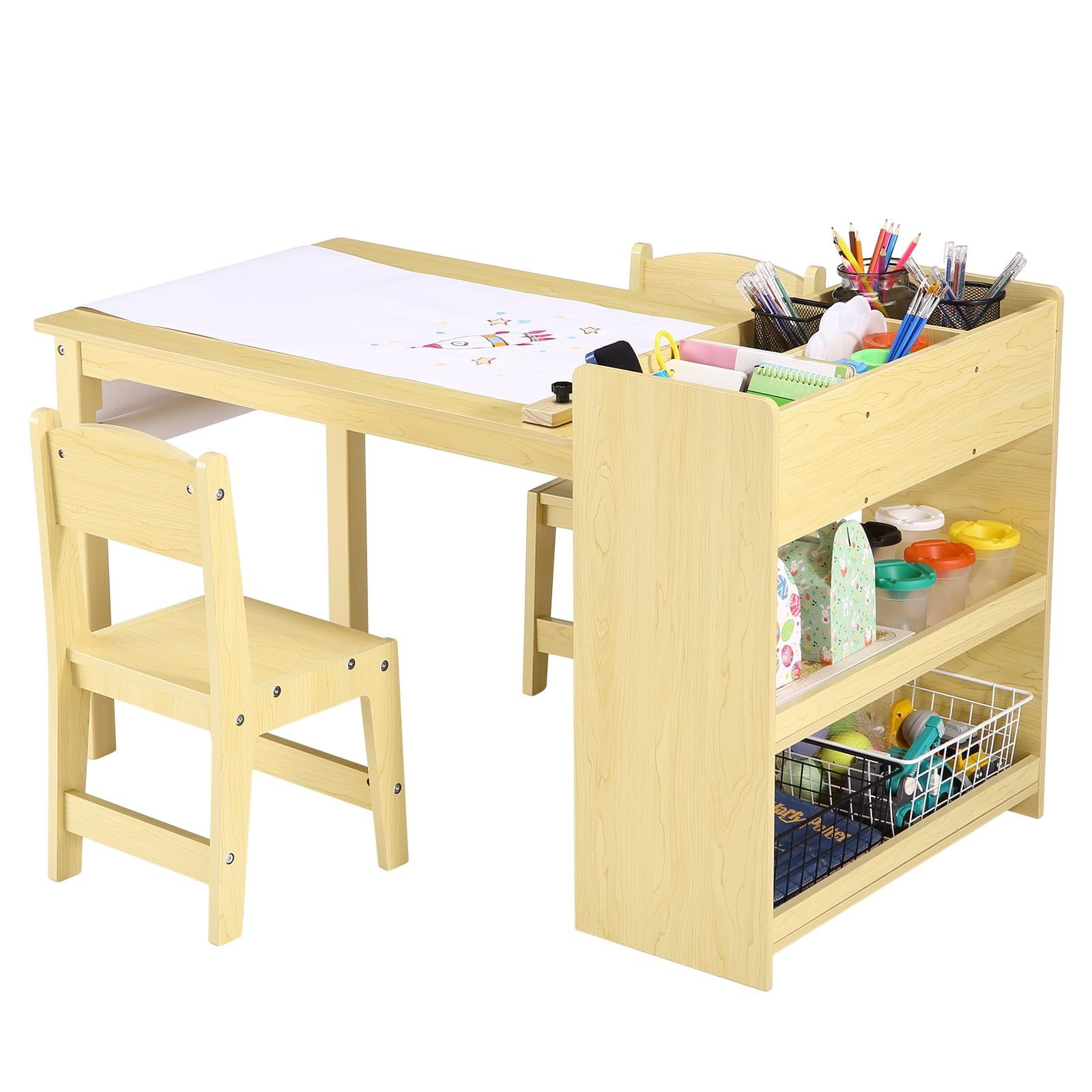 Yellow Wooden Kids Craft Table with Storage Shelves