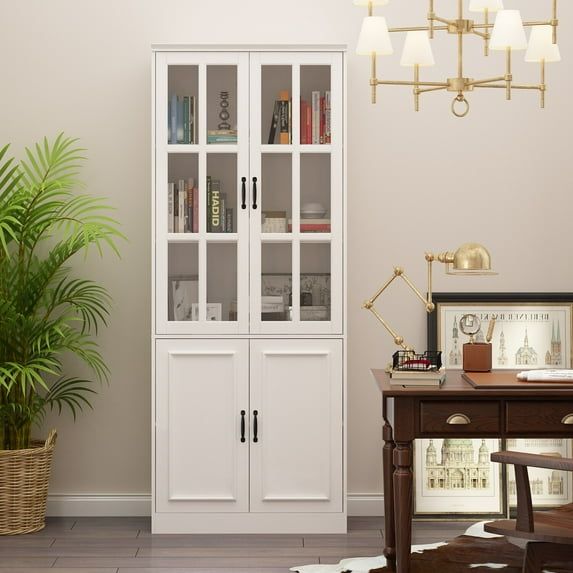 White MDF China Cabinet with Tempered Glass Doors
