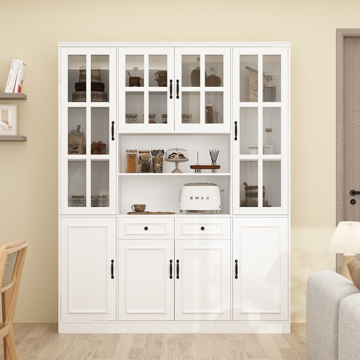 White MDF China Cabinet with Tempered Glass Doors, 63" Wide