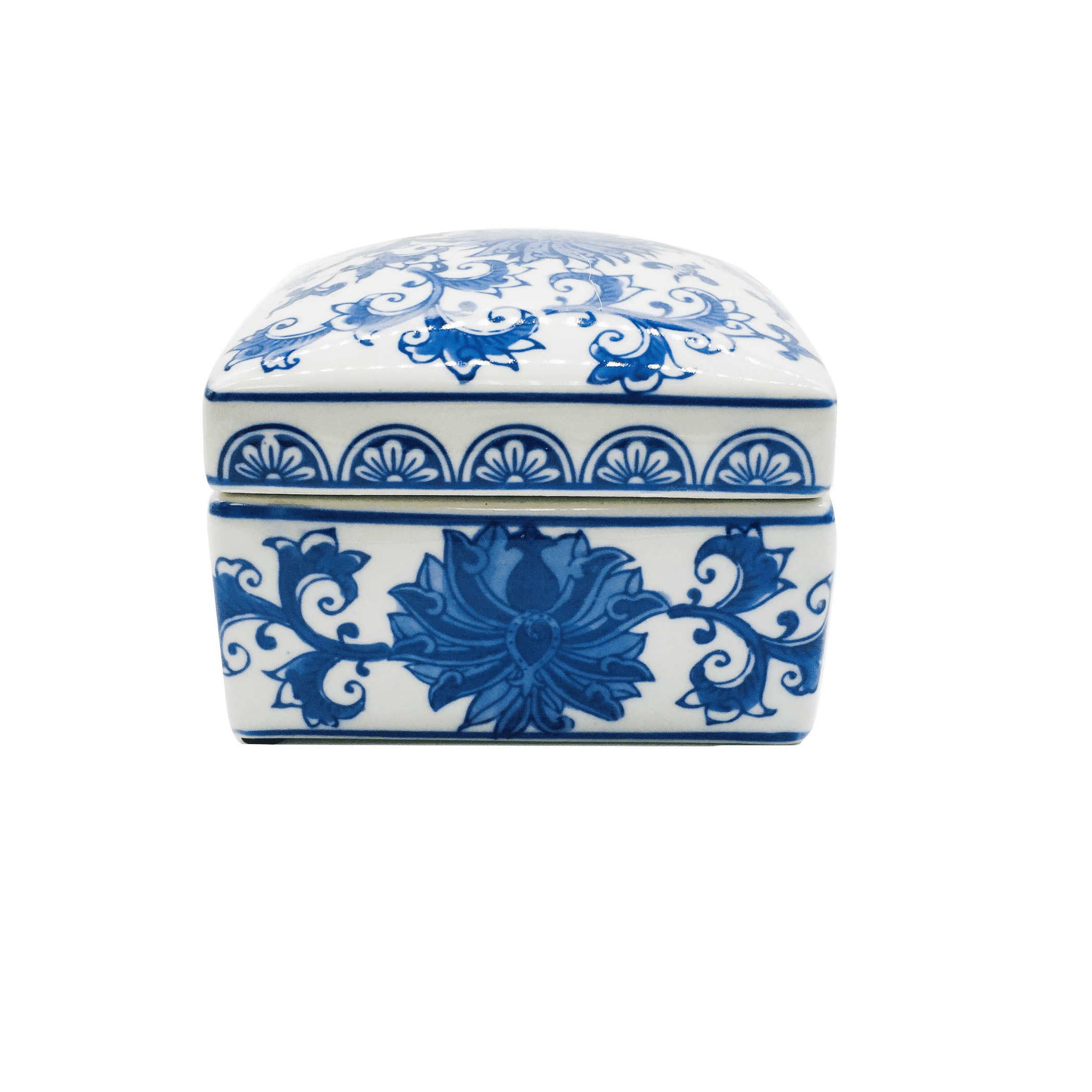 Blue and White Floral Chinoiserie Square Ceramic Box with Lid