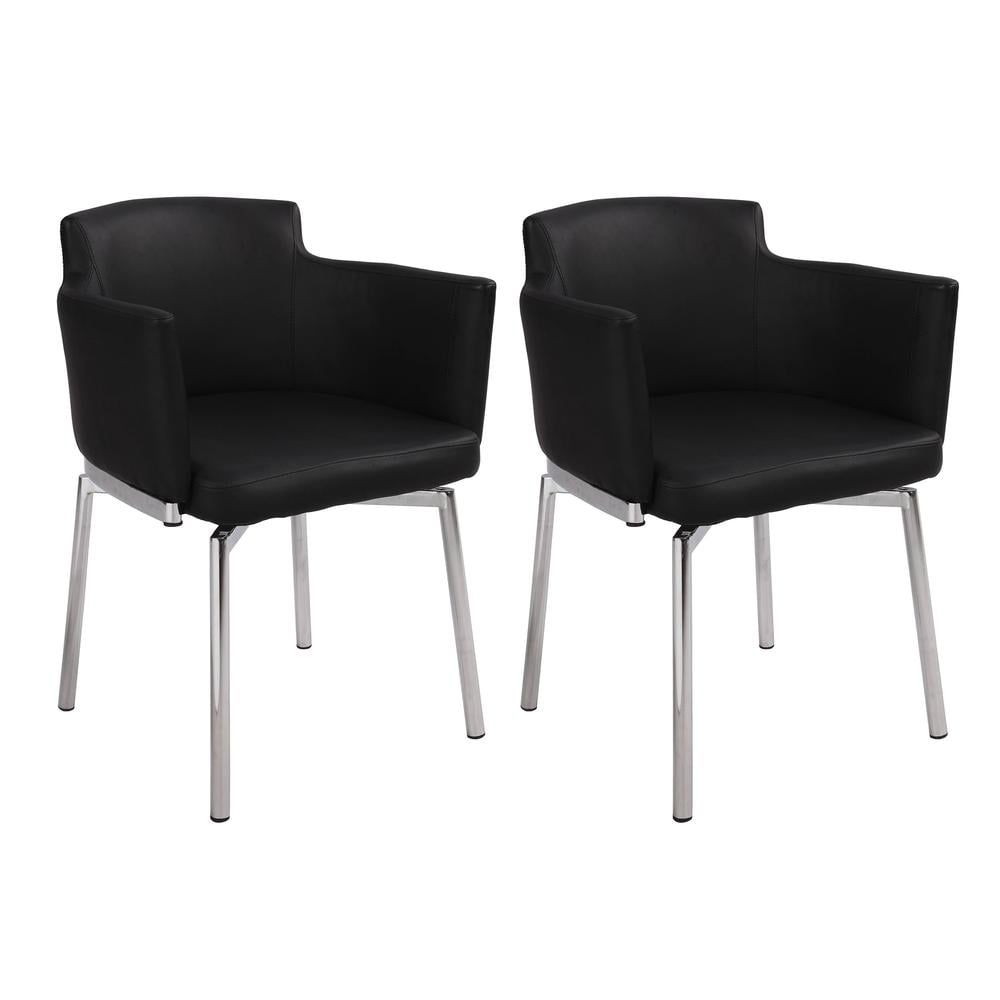 Black Faux Leather Swivel Arm Chair with Metal Legs, Set of 2