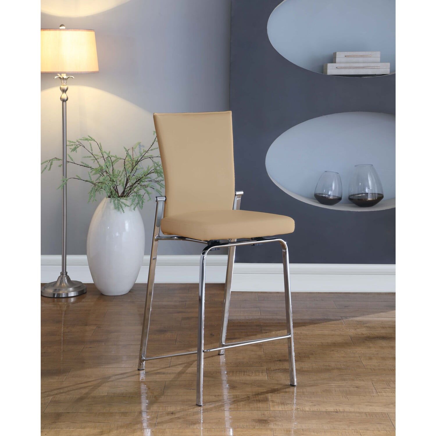 Beige Faux Leather Adjustable Motion Back Bar Stool with Chrome Base