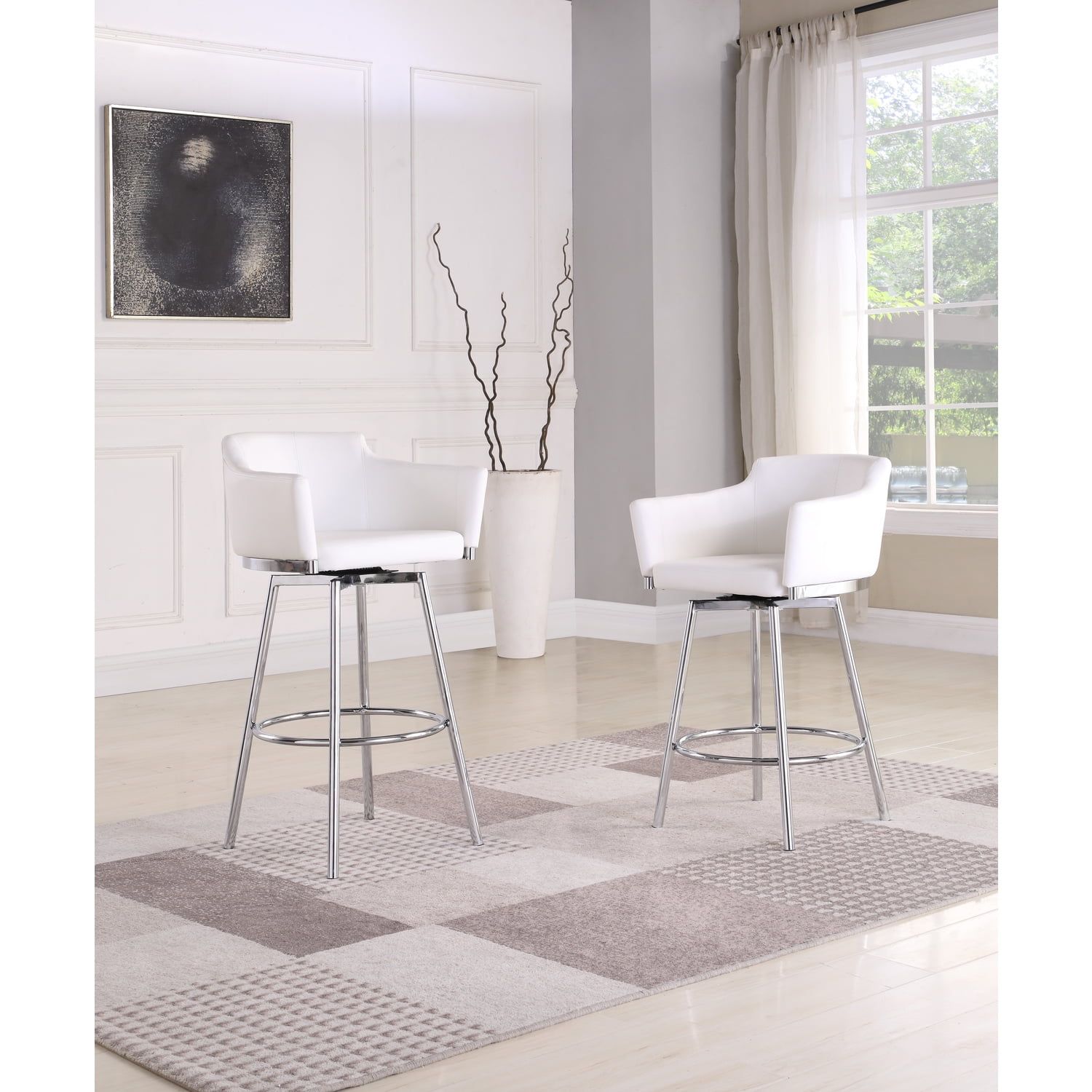 White Leather Swivel Saddle Style Bar Stool with Chrome Finish