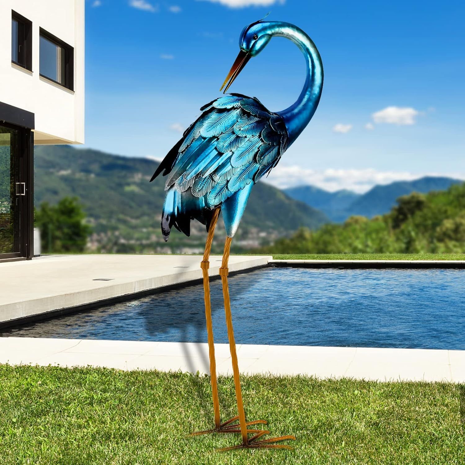 Handcrafted Blue Heron Metallic Outdoor Crane Statue