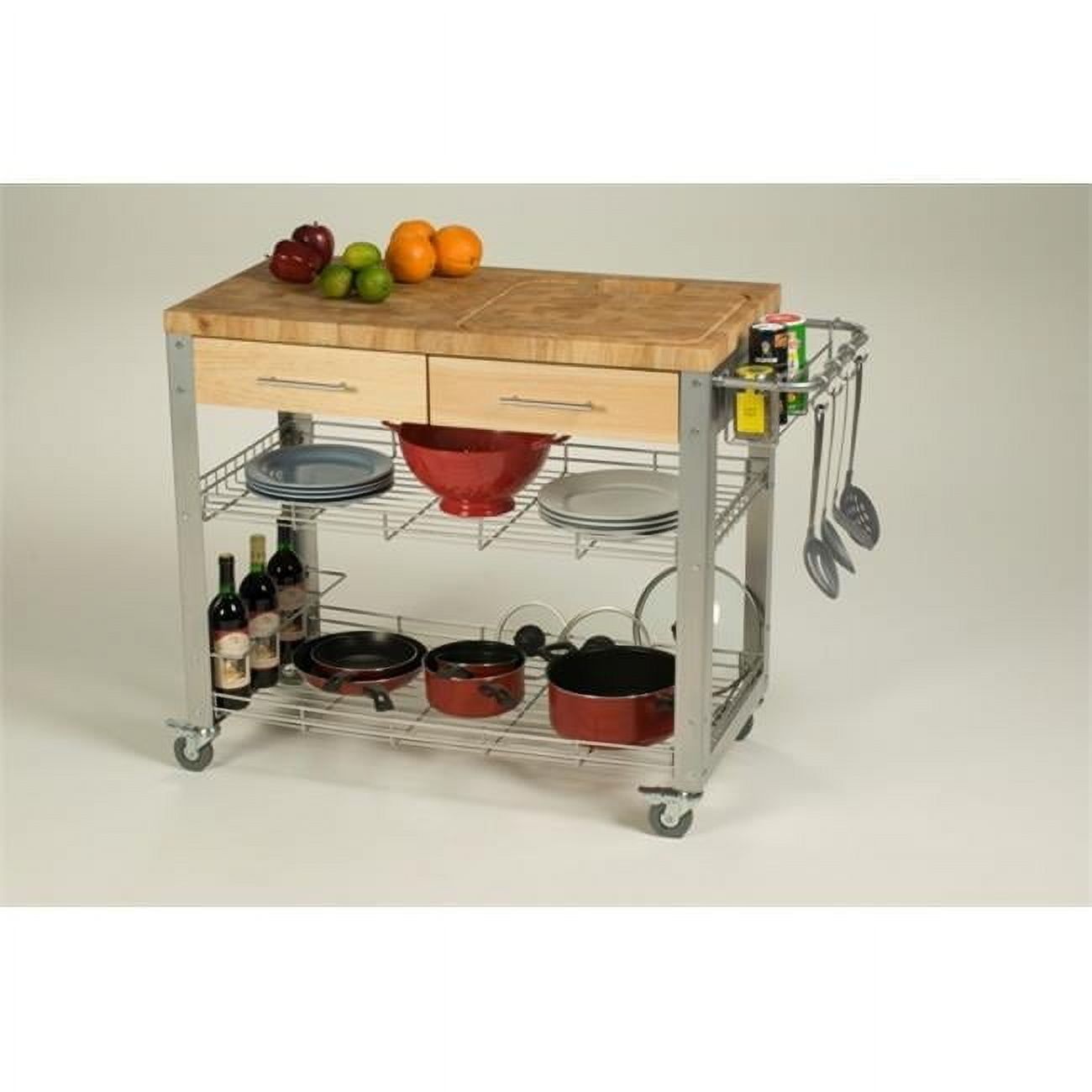 Natural Wood and Metal Kitchen Cart with Spice Rack