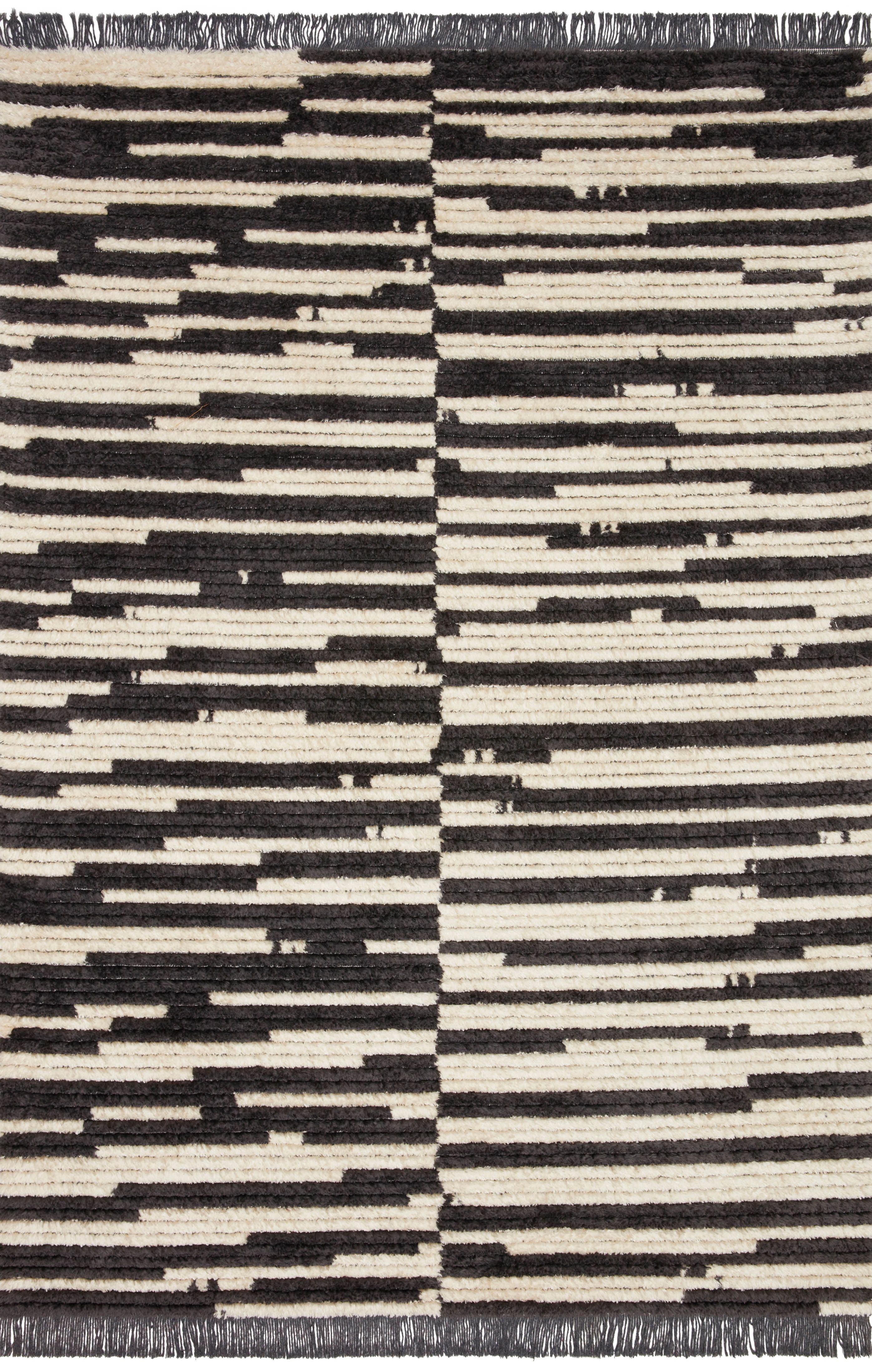 Cream and Charcoal Striped Synthetic Accent Rug with Fringe, 2'-7" x 4'