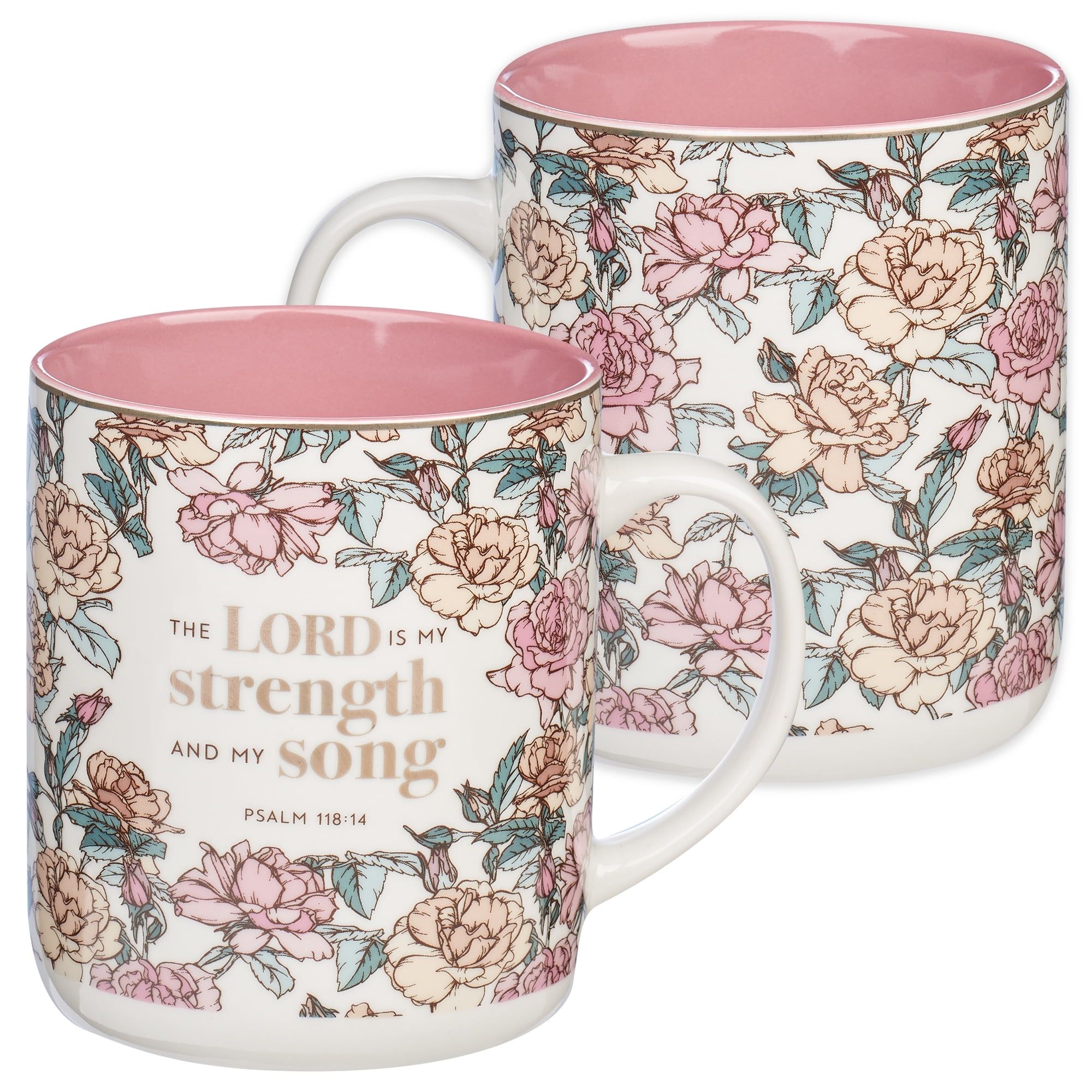 Pink Floral Ceramic Coffee Mug with Psalm 118:14, 14 oz