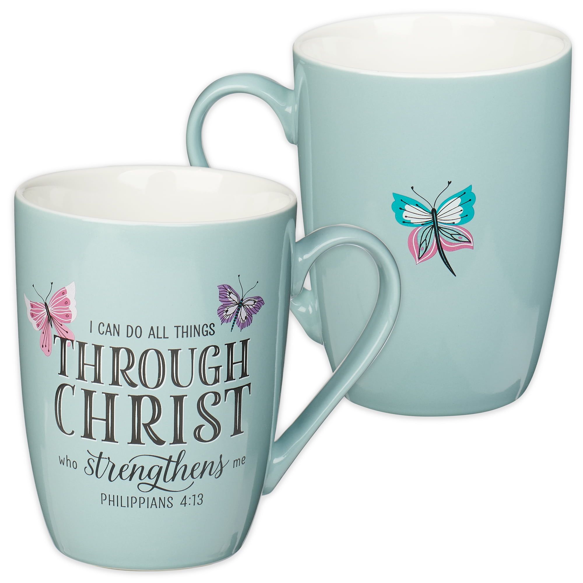 Blue Ceramic Coffee Mug with Inspirational Bible Verse and Butterflies