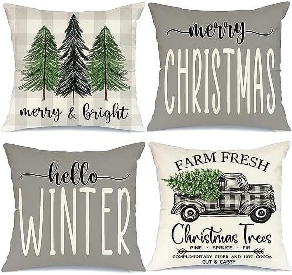 Gray and White Christmas Tree Truck Pillow Covers Set of 4