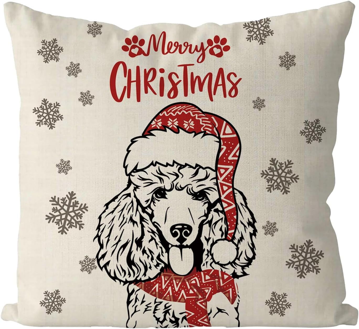 Christmas Poodle Print Beige Polyester Throw Pillow