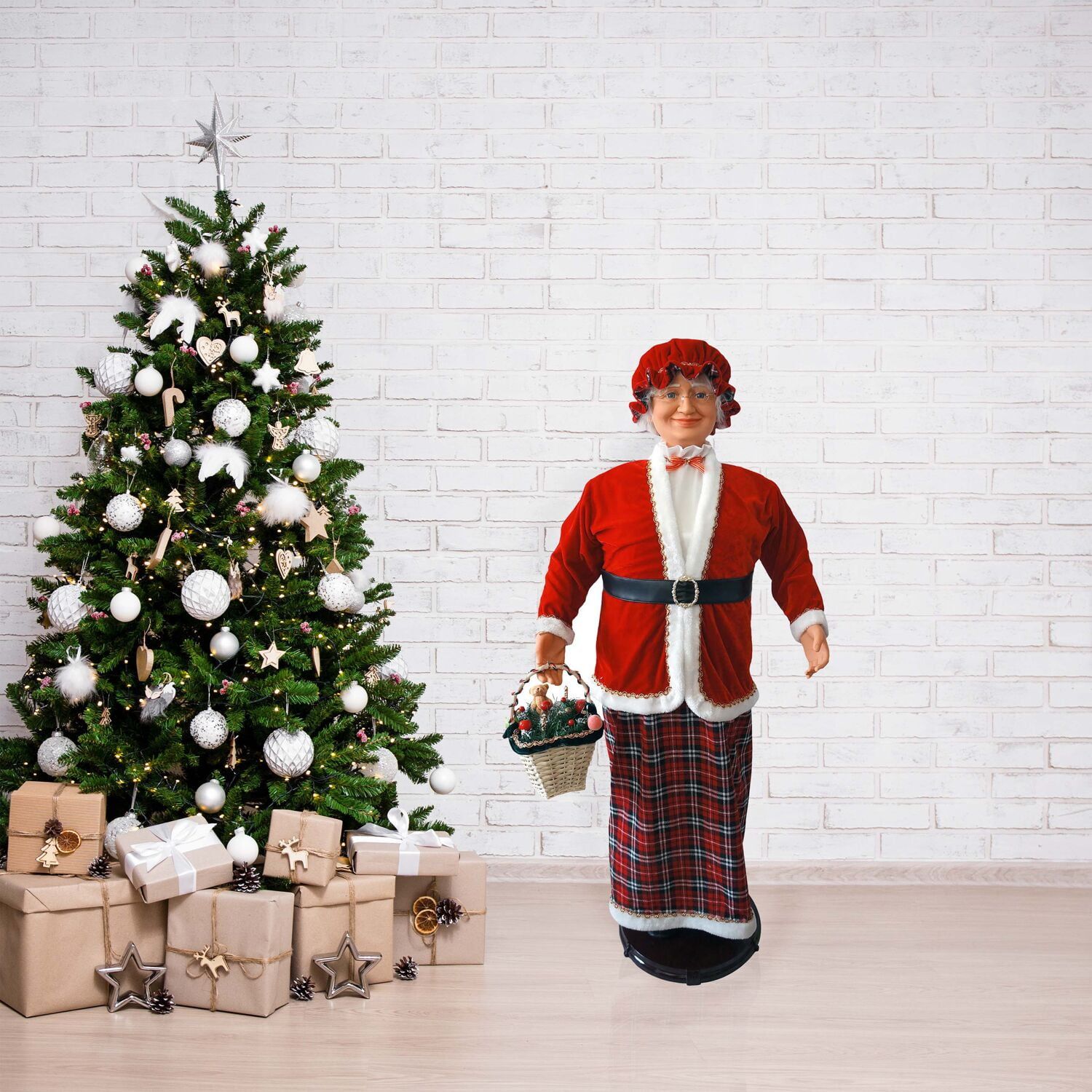 58-Inch Animated Dancing Mrs. Claus with Tartan Skirt and Gift Basket