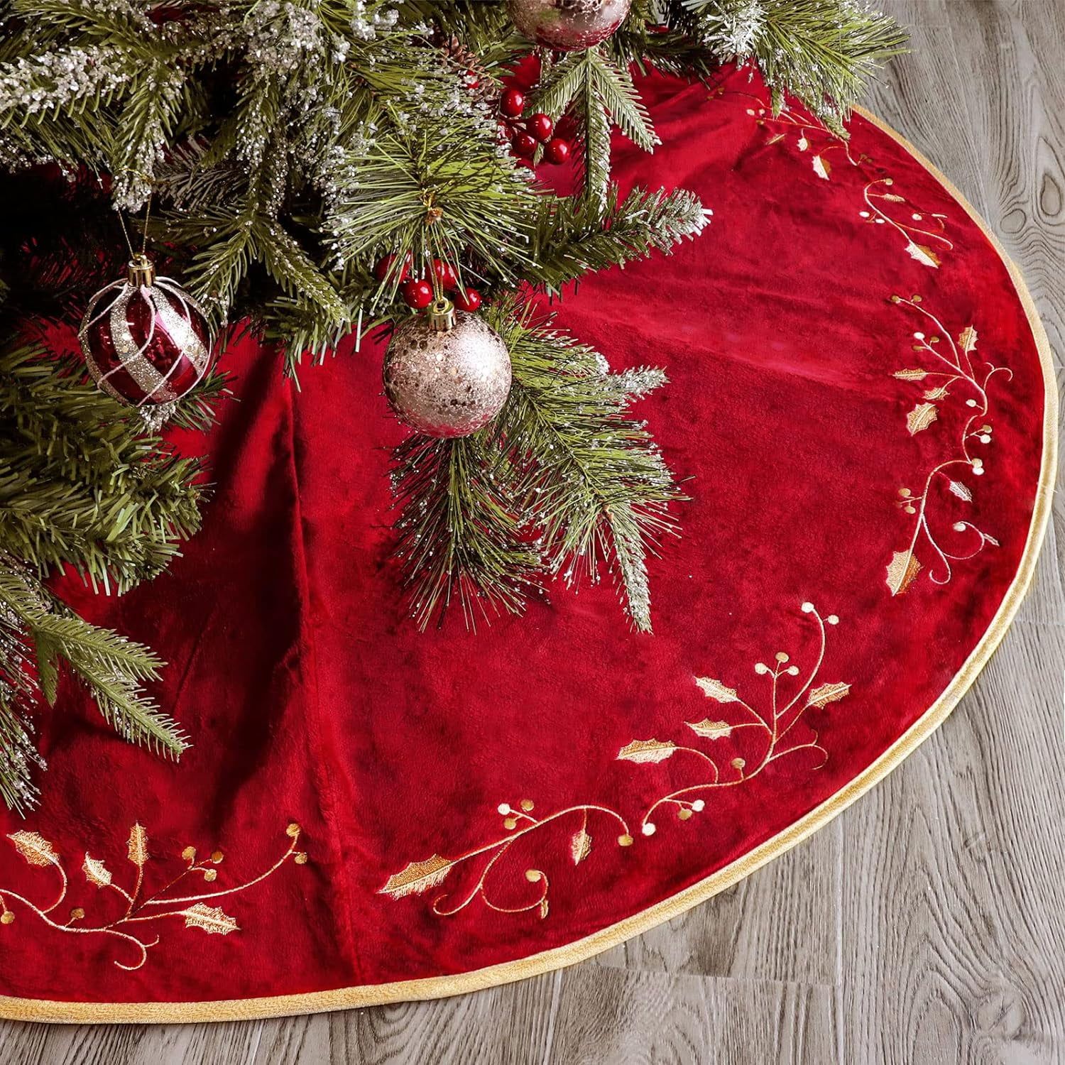 Red Velvet Fur 48'' Christmas Tree Skirt with White Trim