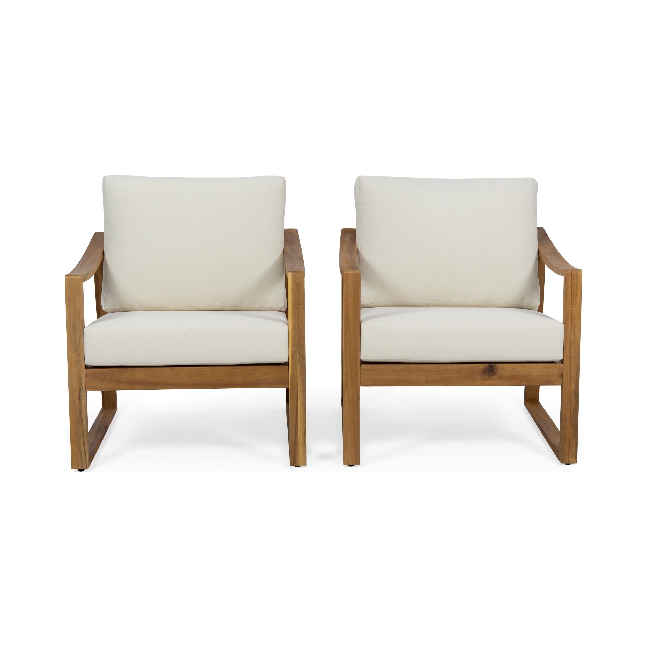 Teak and Beige Acacia Wood Outdoor Club Chairs with Cushions