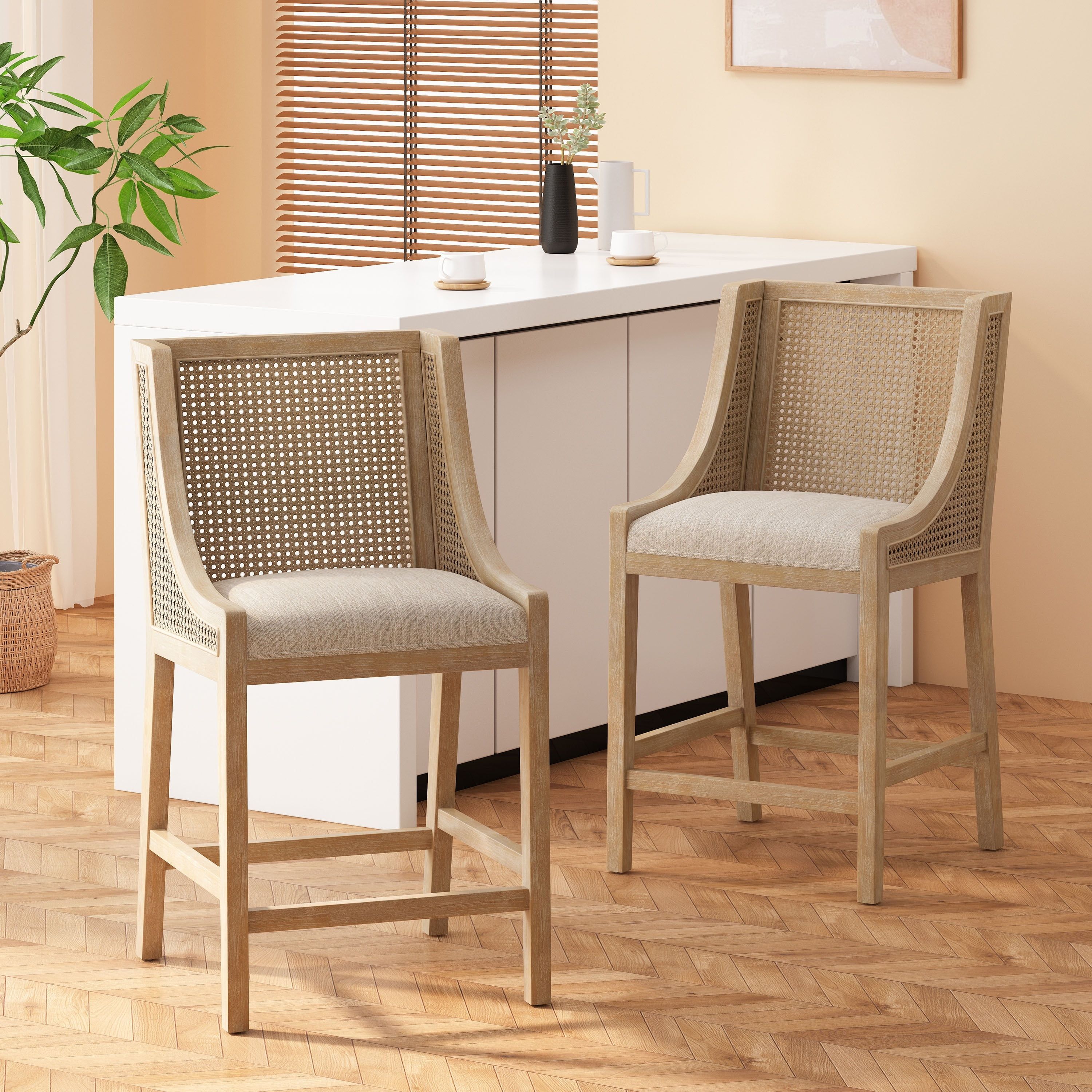 Beige Wood and Cane Upholstered Counter Stools, Set of 2