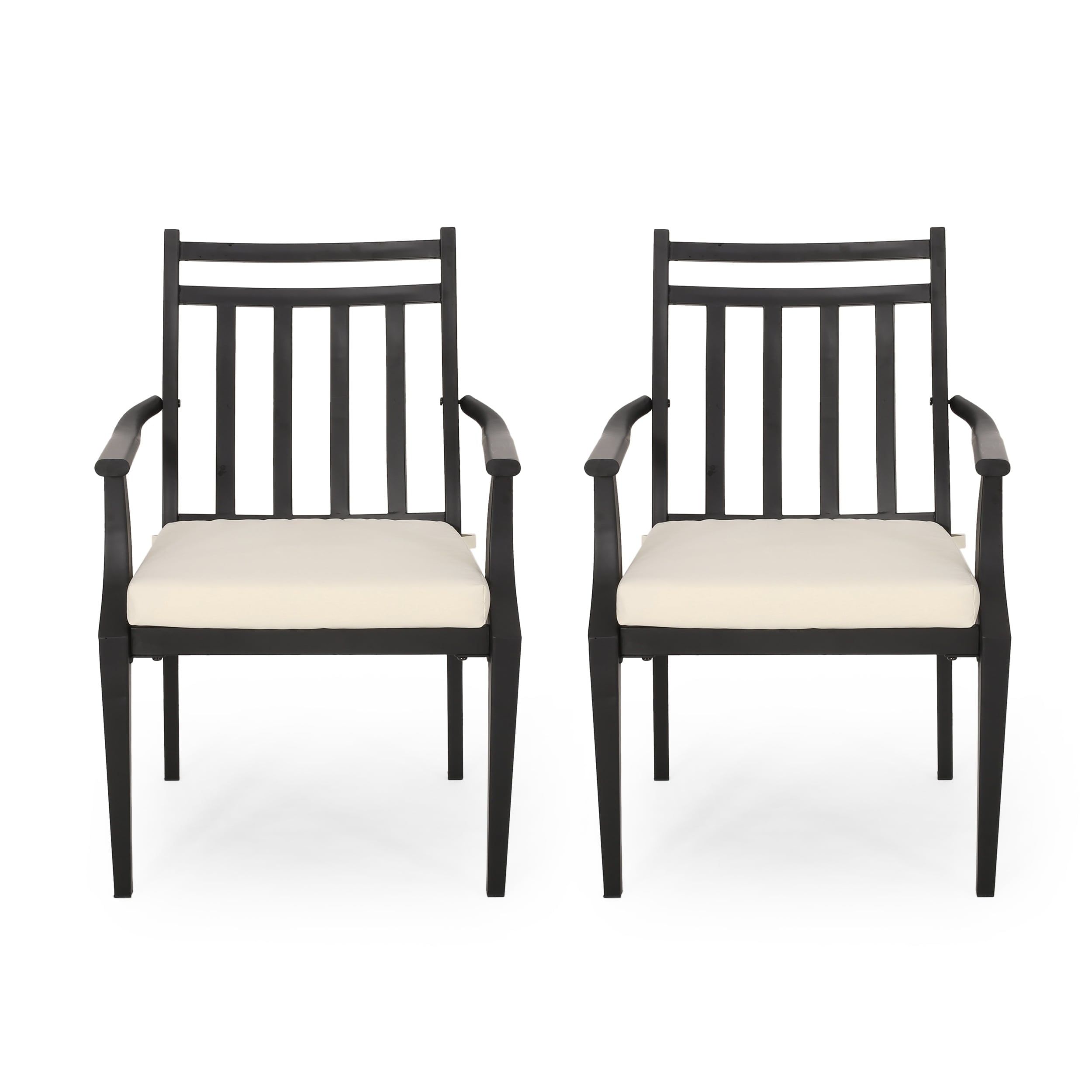 Matte Black Iron Outdoor Dining Chairs with Beige Cushions, Set of 2