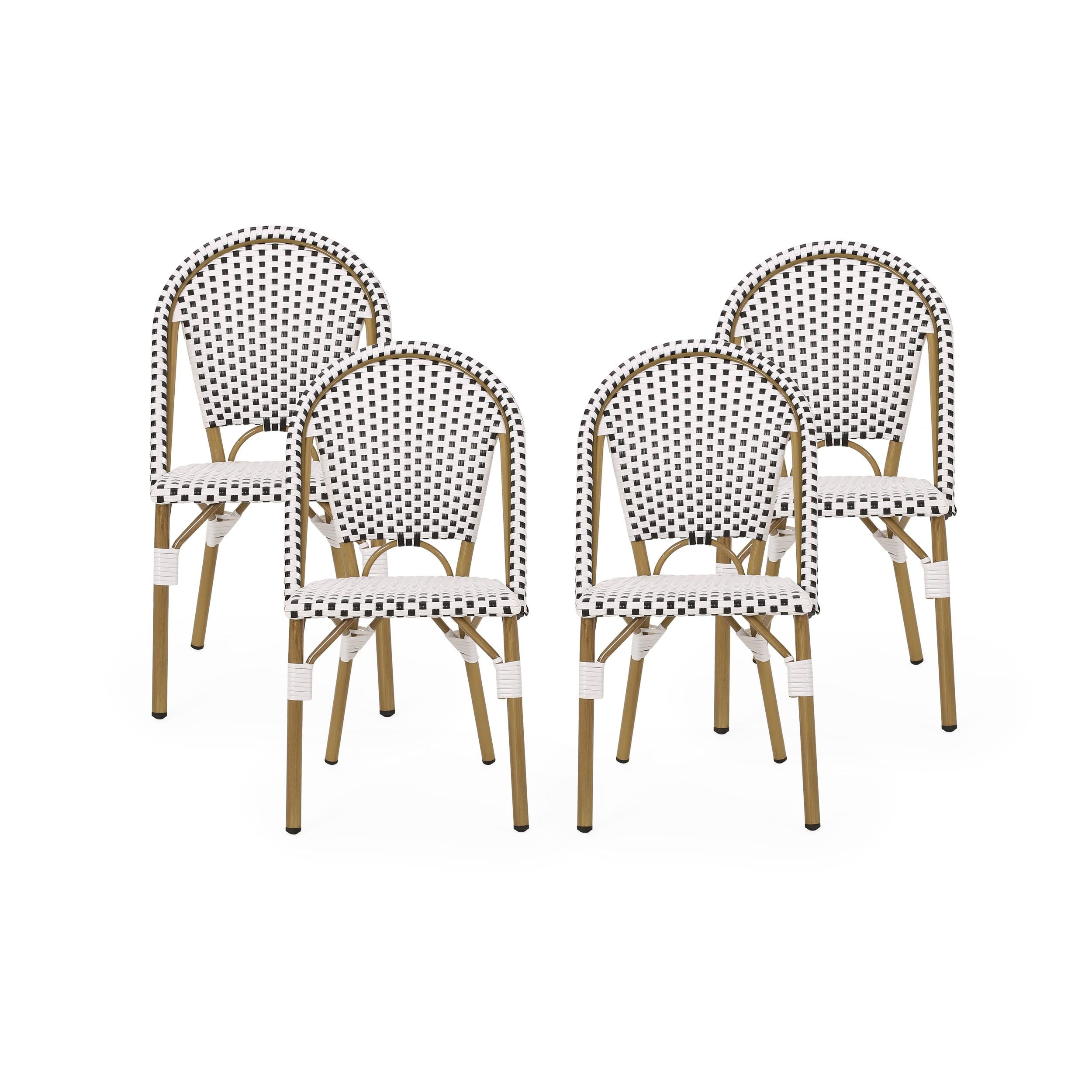 Philomena Black and White Faux Rattan Bistro Chairs with Bamboo Print Finish, Set of 4