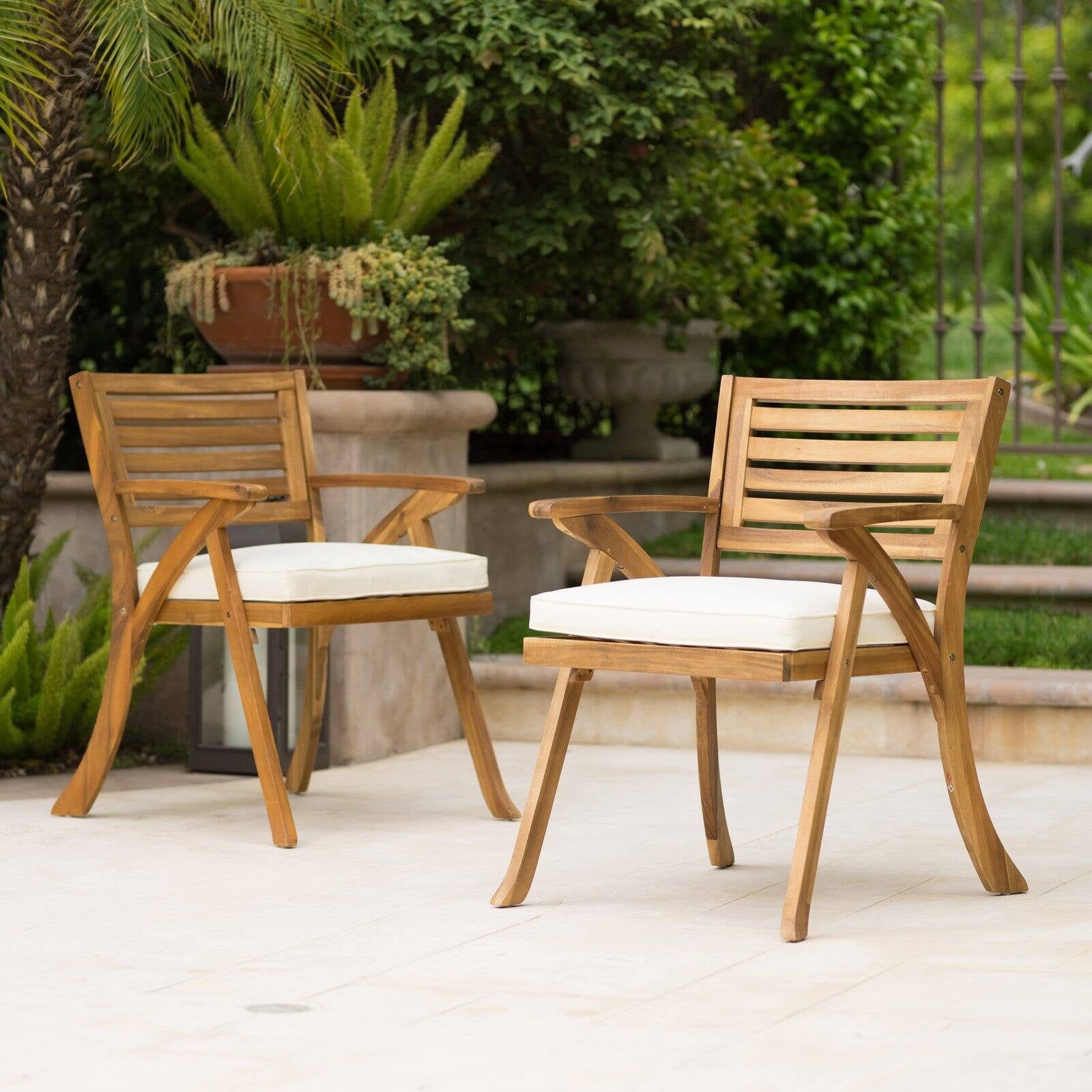 Hermosa Teak Outdoor Dining Chairs with Cream Cushions, Set of 2