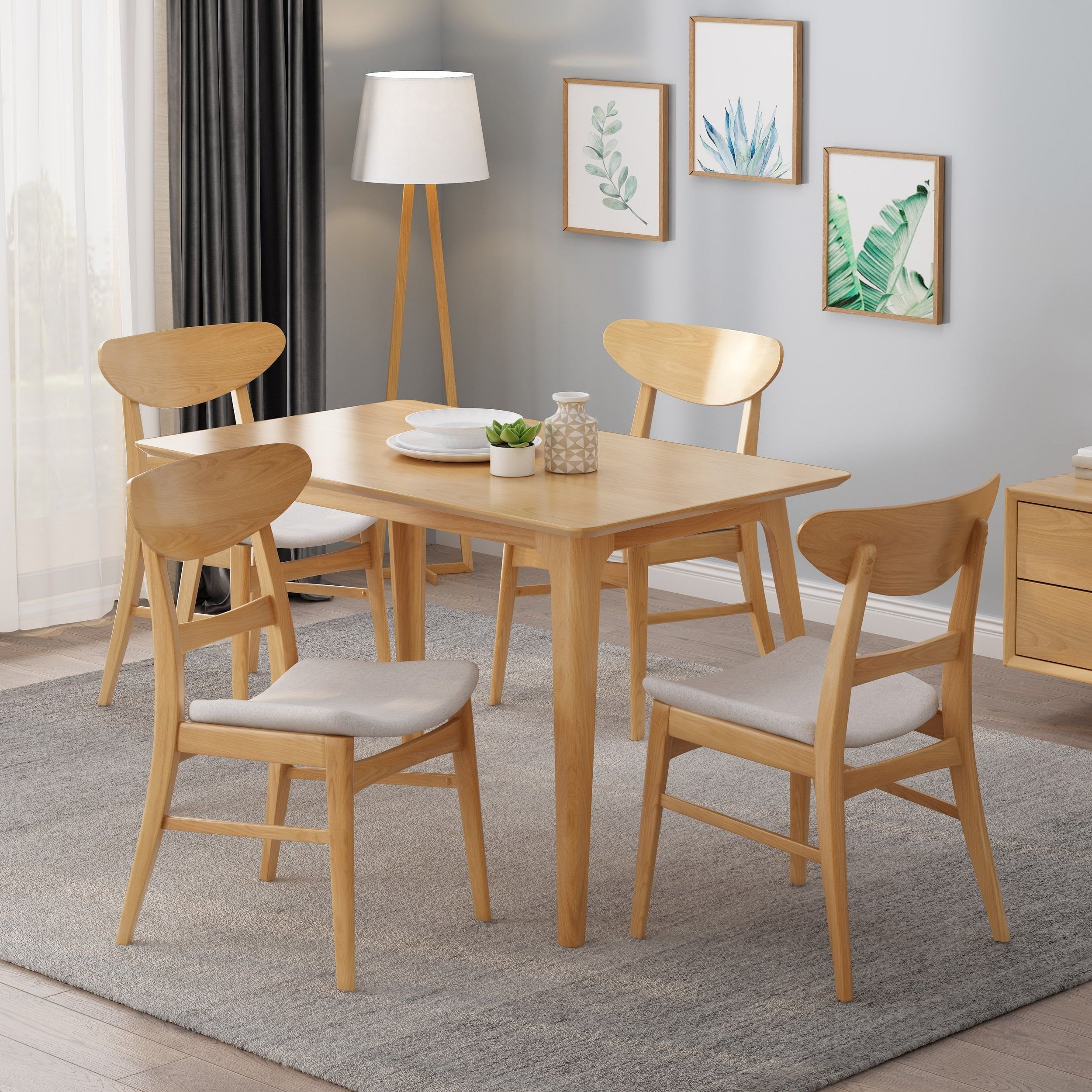 Light Beige Upholstered Side Chair with Natural Oak Frame