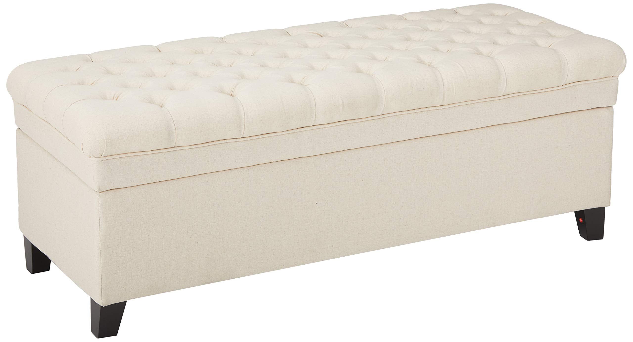 Beige Tufted Fabric Storage Ottoman with Birch Legs