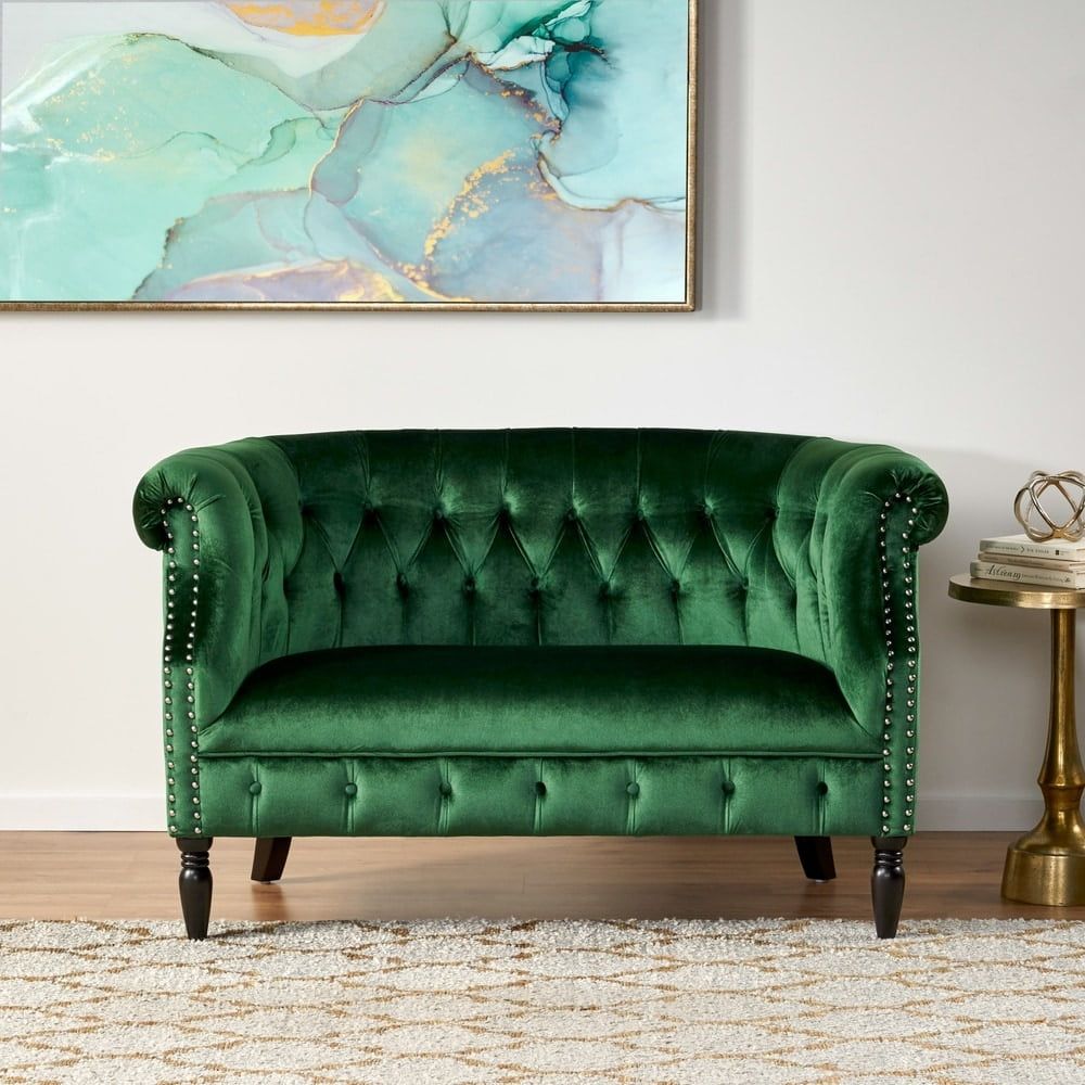 Emerald Velvet Chesterfield Loveseat with Nailhead Accents