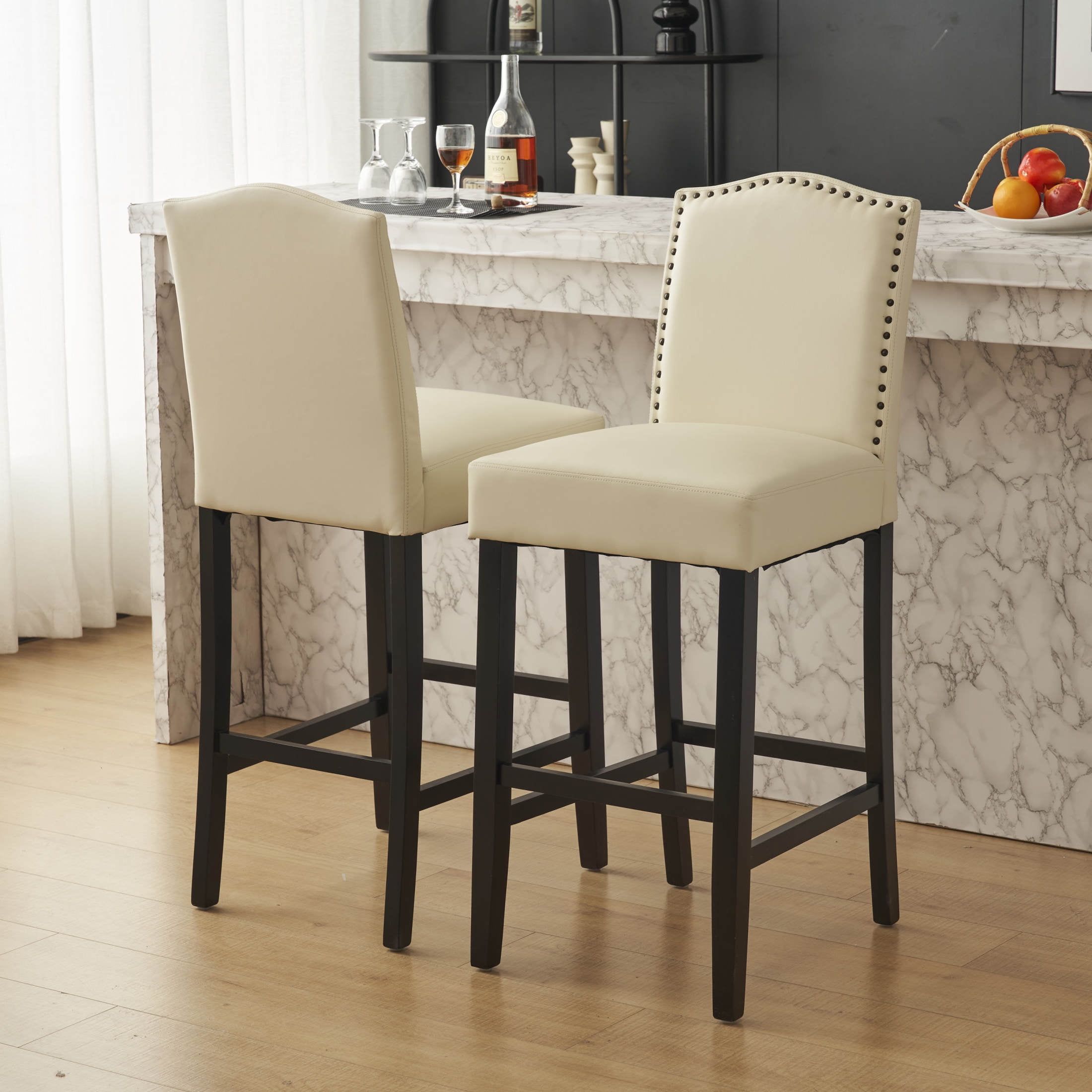 Walnut Frame Beige Faux Leather Bar Stools with Backrest, Set of 2