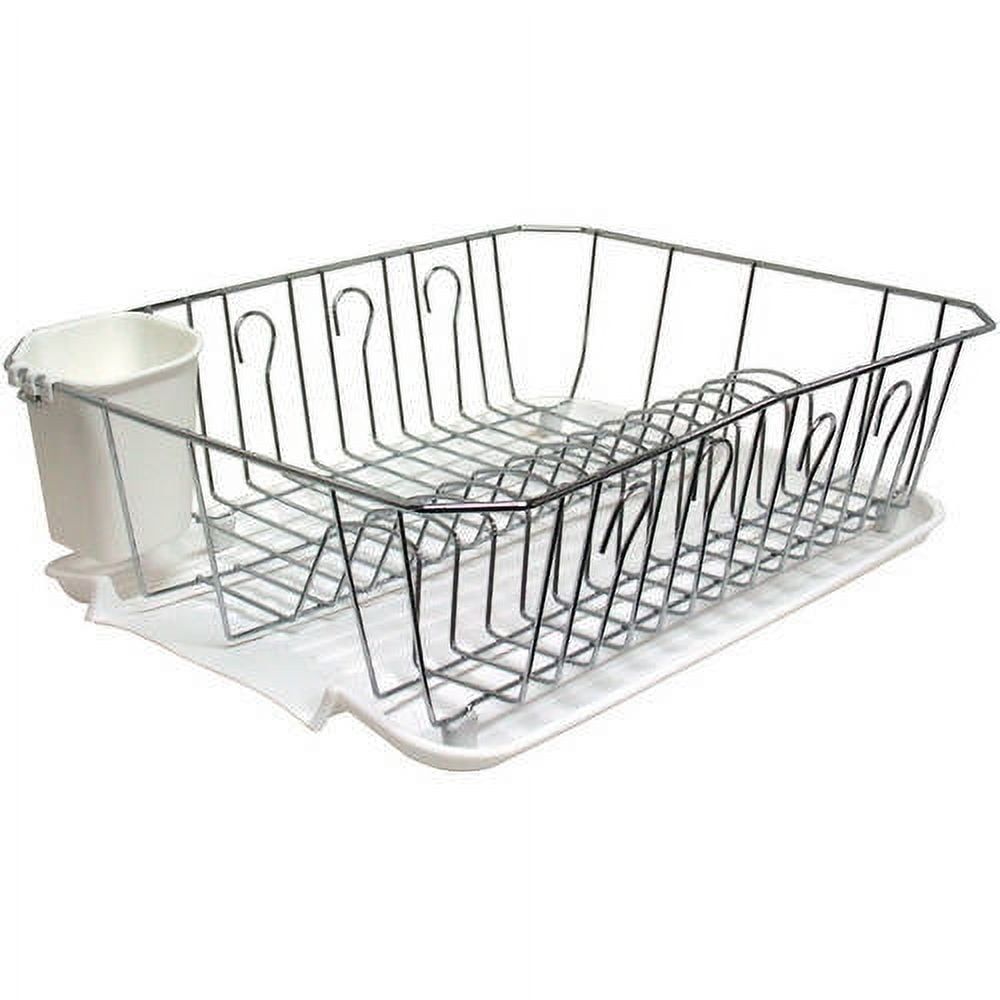 Chrome Foldable Dish Rack with Utensil Cup in White