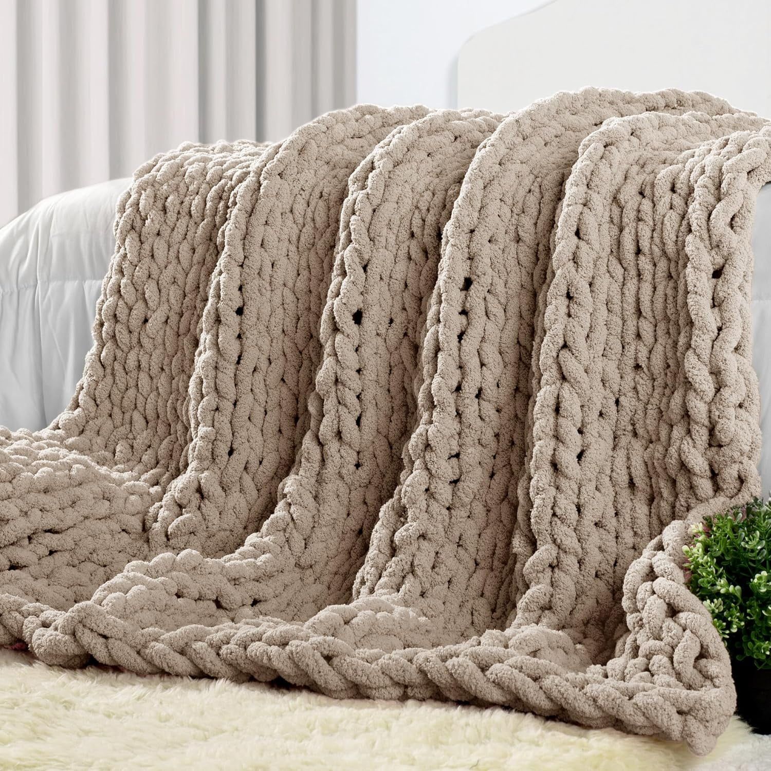 Taupe Chunky Knit Chenille Reversible Throw Blanket 50" x 60"