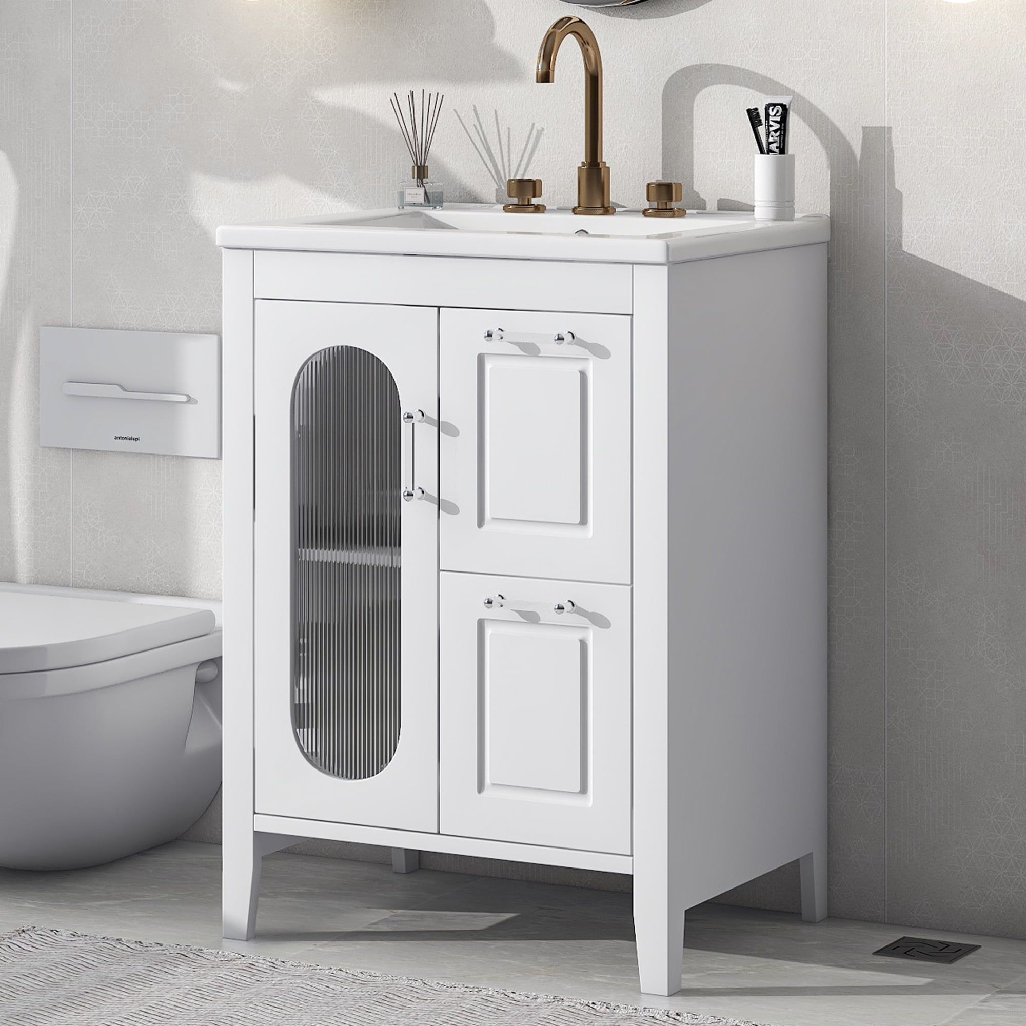 White 24" Freestanding Bathroom Vanity with Glass Door and Storage