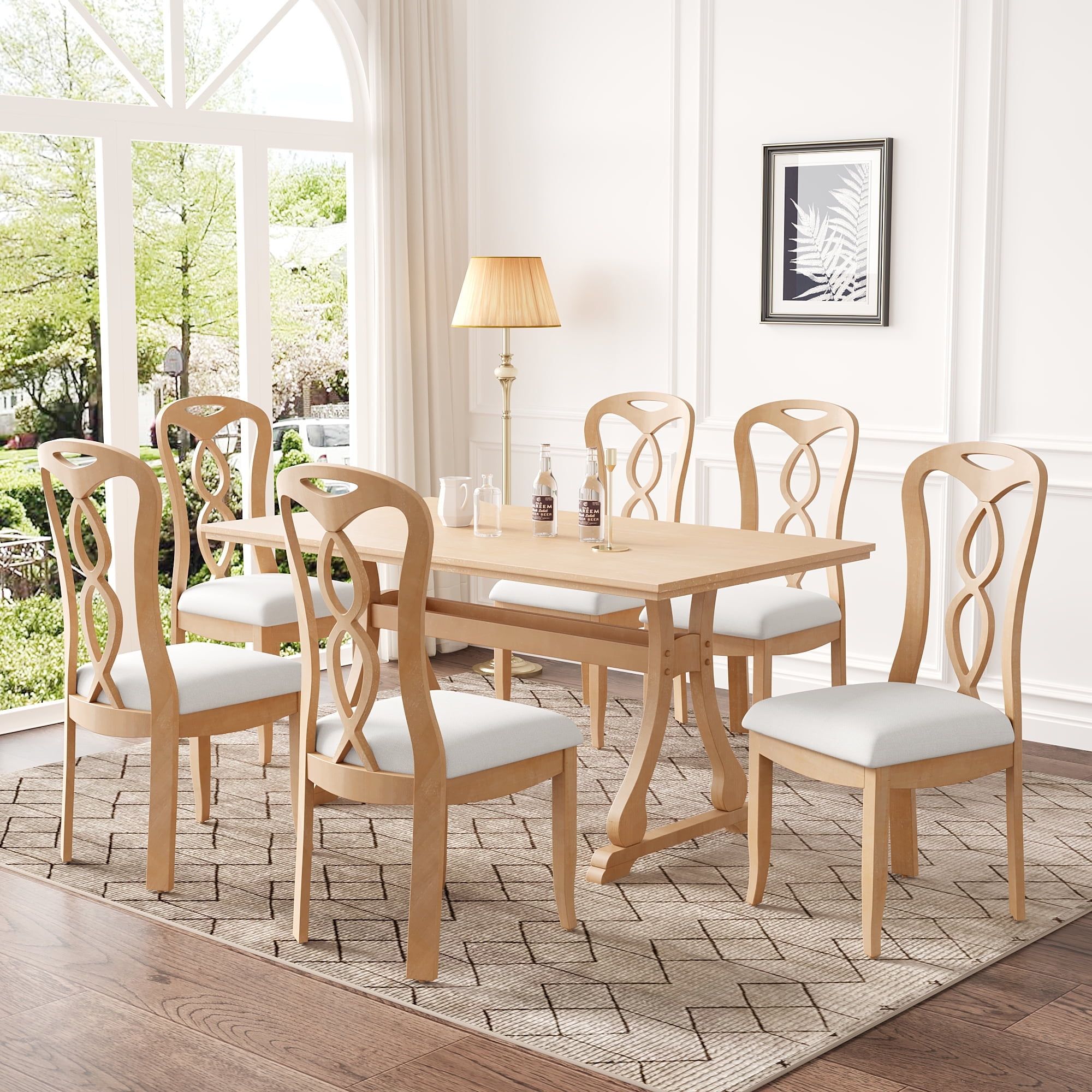 Natural Wood Trestle Dining Table Set with 6 Beige Upholstered Chairs