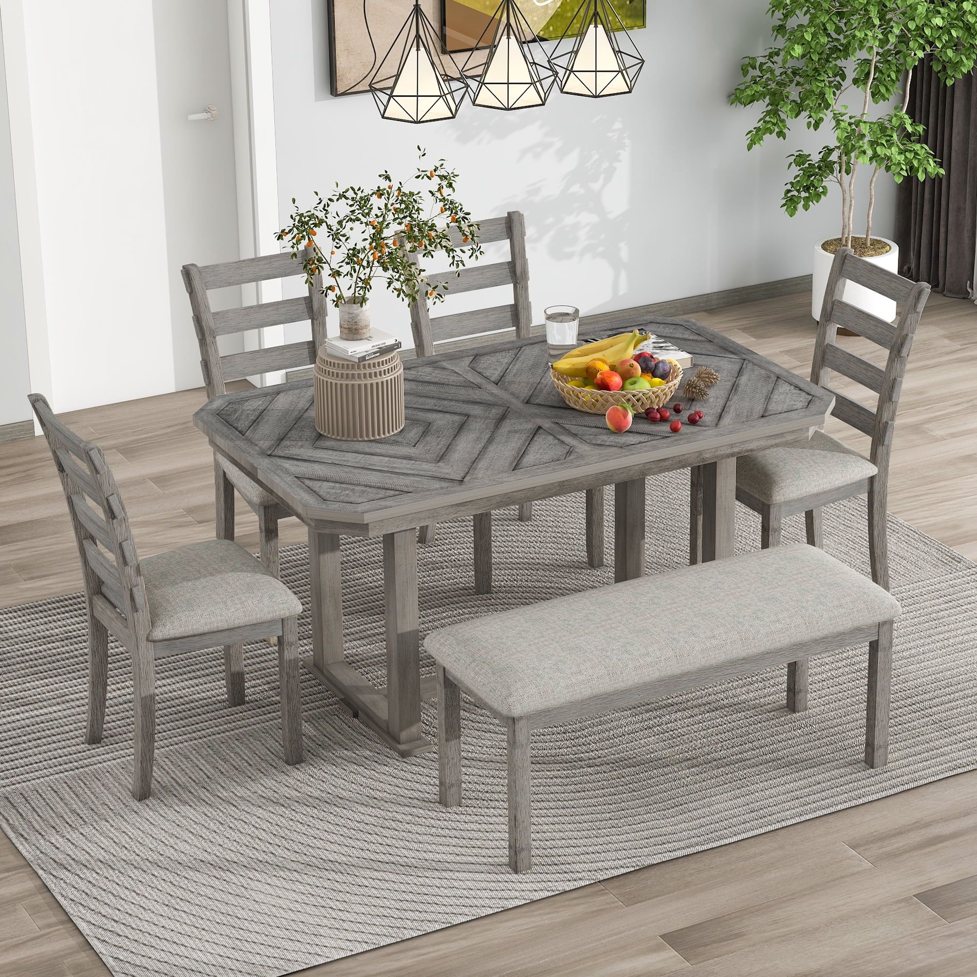 Gray 6-Piece Wood Grain Dining Table Set with Bench