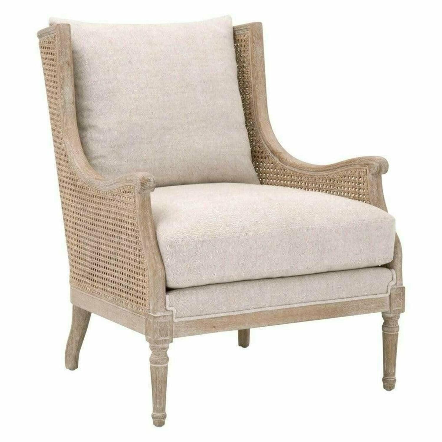 Transitional Gray Velvet & Wood Club Chair with Rattan Accents