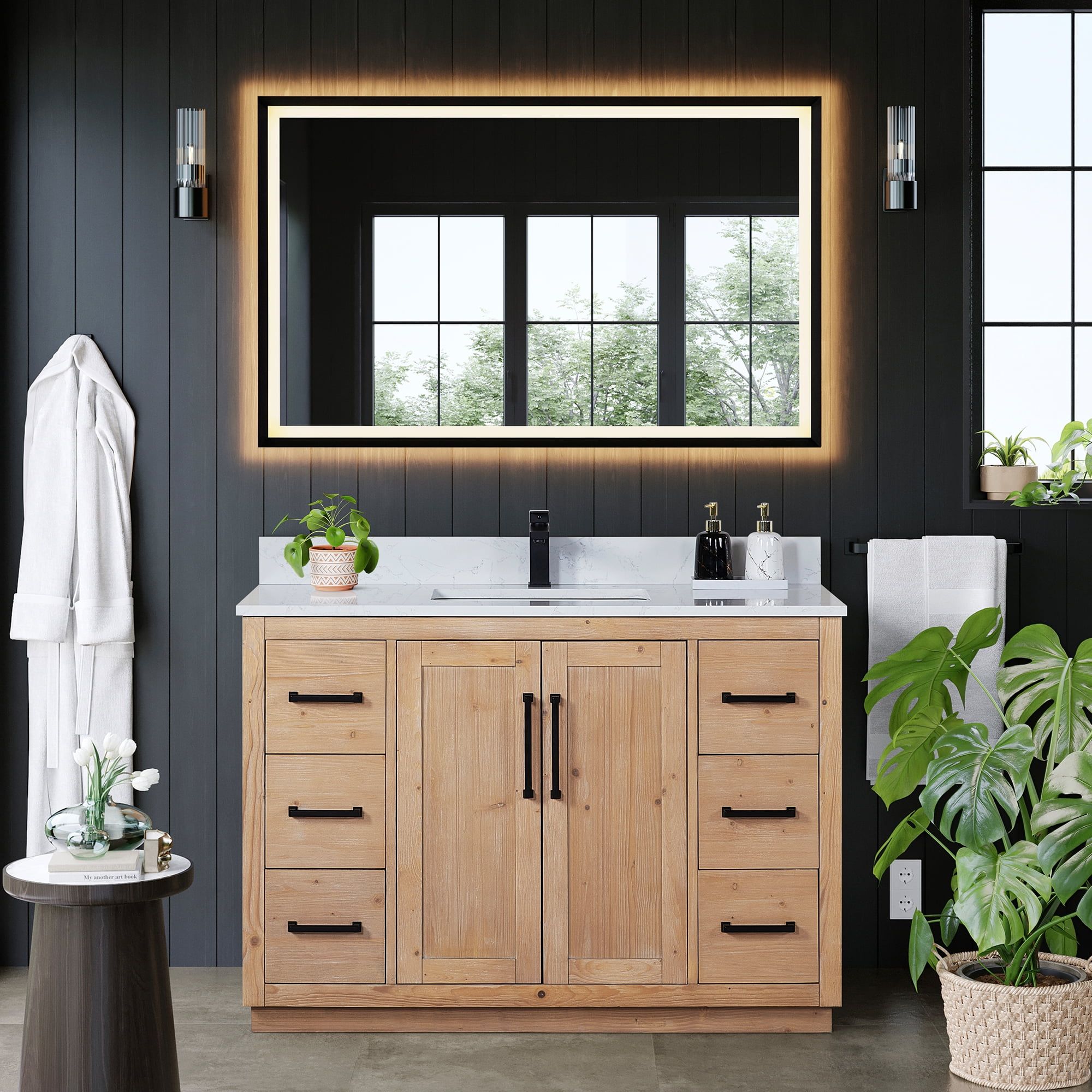 Cicero 48" Light Brown Fir Wood Vanity with White Stone Top and Mirror