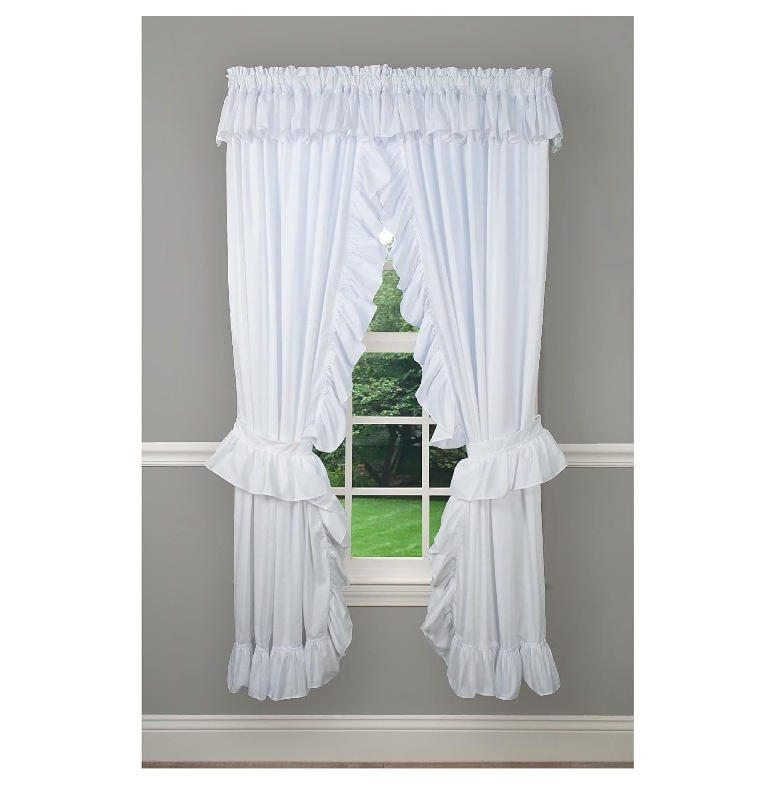 White Ruffled Cotton Polyester Rod Pocket Curtain Panel Pair