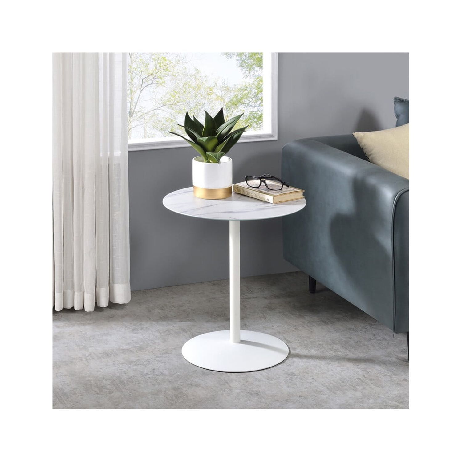 Circa 17.5" White Marble Glass Top Round End Table