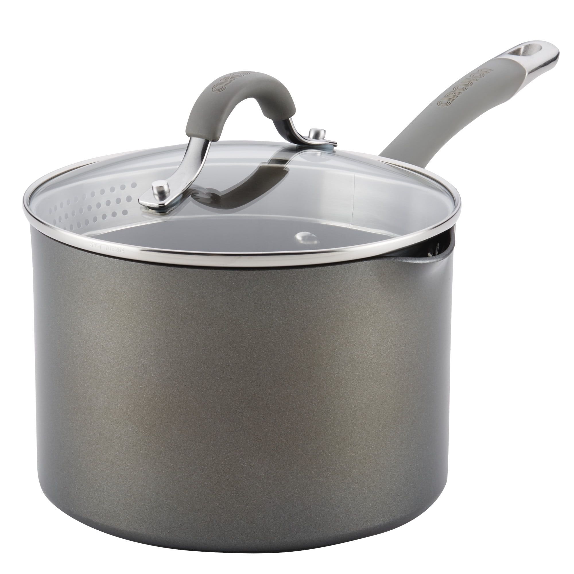 Oyster Gray Aluminum Nonstick Saucepan with Pour Spout, 3-Quart