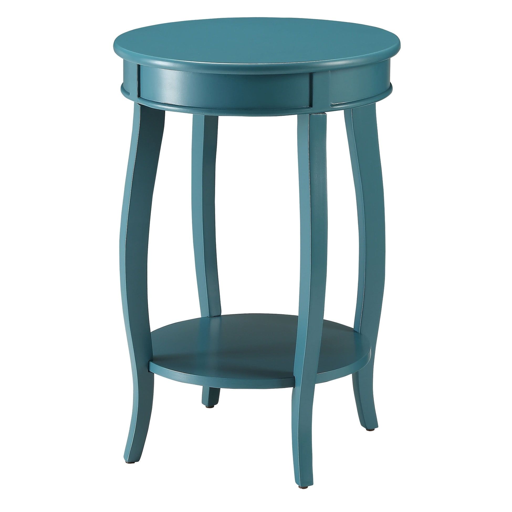 Teal Round Wood Side Table with Bottom Shelf