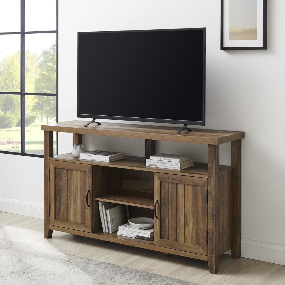 Rustic Oak Grooved-Door Tall TV Stand with Cabinet