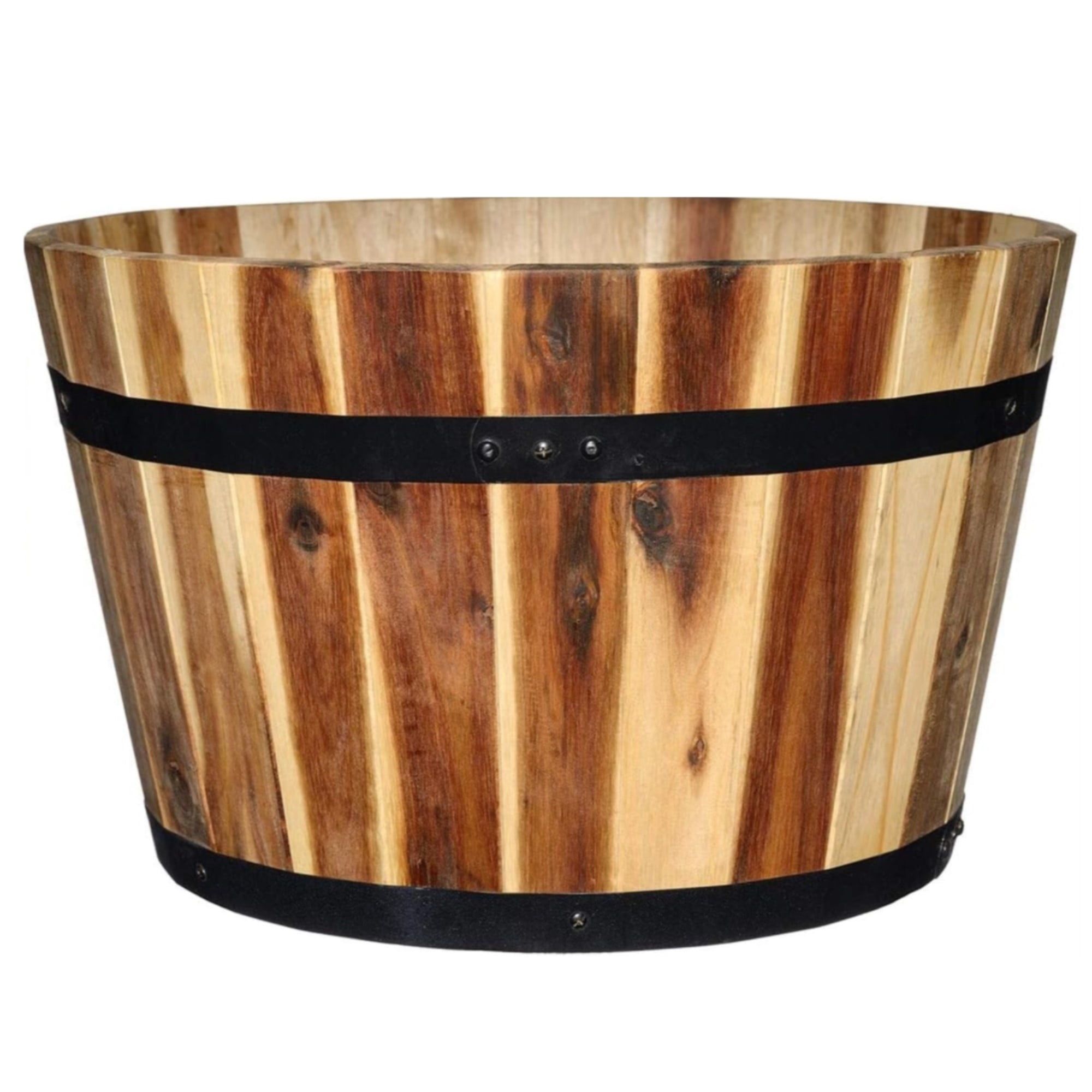 16-Inch Acacia Wood Whiskey Barrel Planter with Black Metal Bands