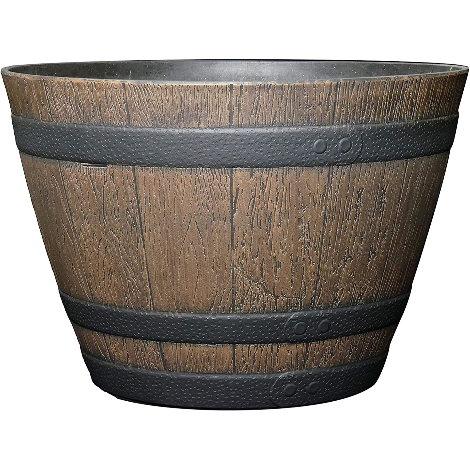 Walnut Brown Resin Whiskey Barrel Planter with Black Bands, 9"