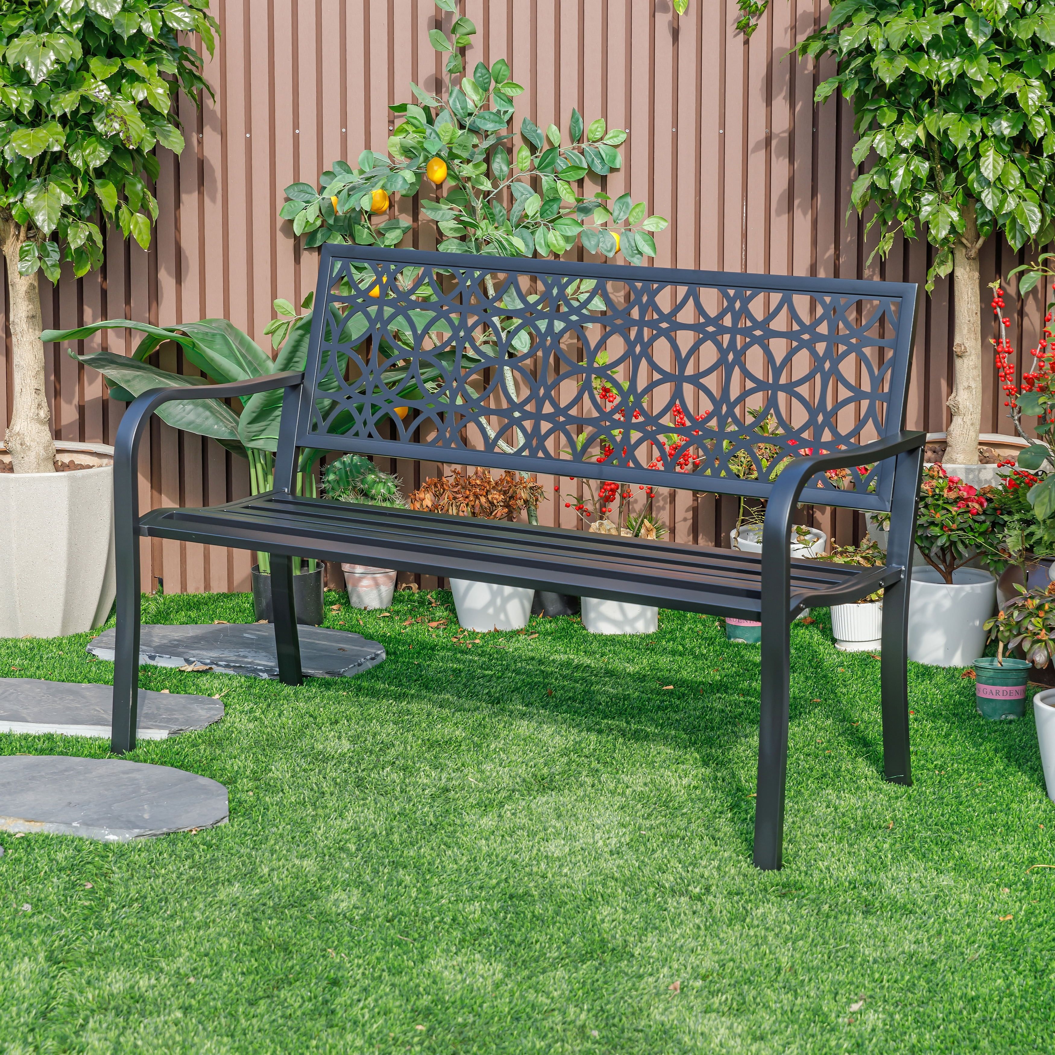 Classic Black Steel Garden Bench with Decorative Backrest